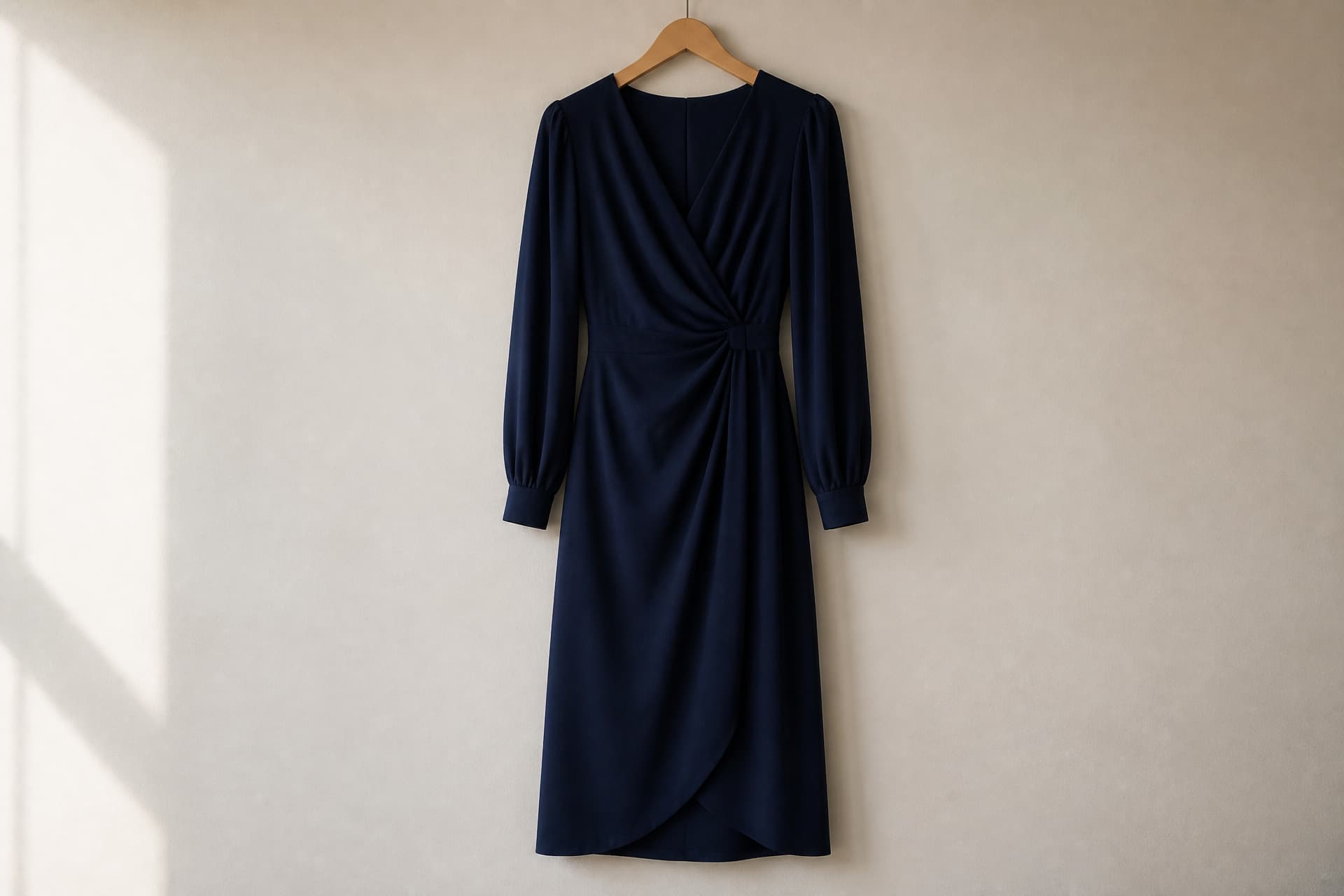 A deep navy midi dress on a wooden hanger against a pale plain wall in soft daylight