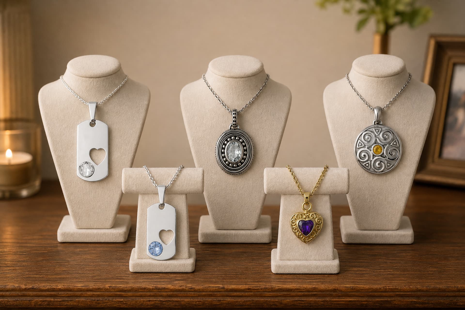 Five birthstone cremation pendants in different coloured stones on individual display stands โ clear, pale blue, a beaded oval, a citrine-set silver disc and a gold heart set with amethyst