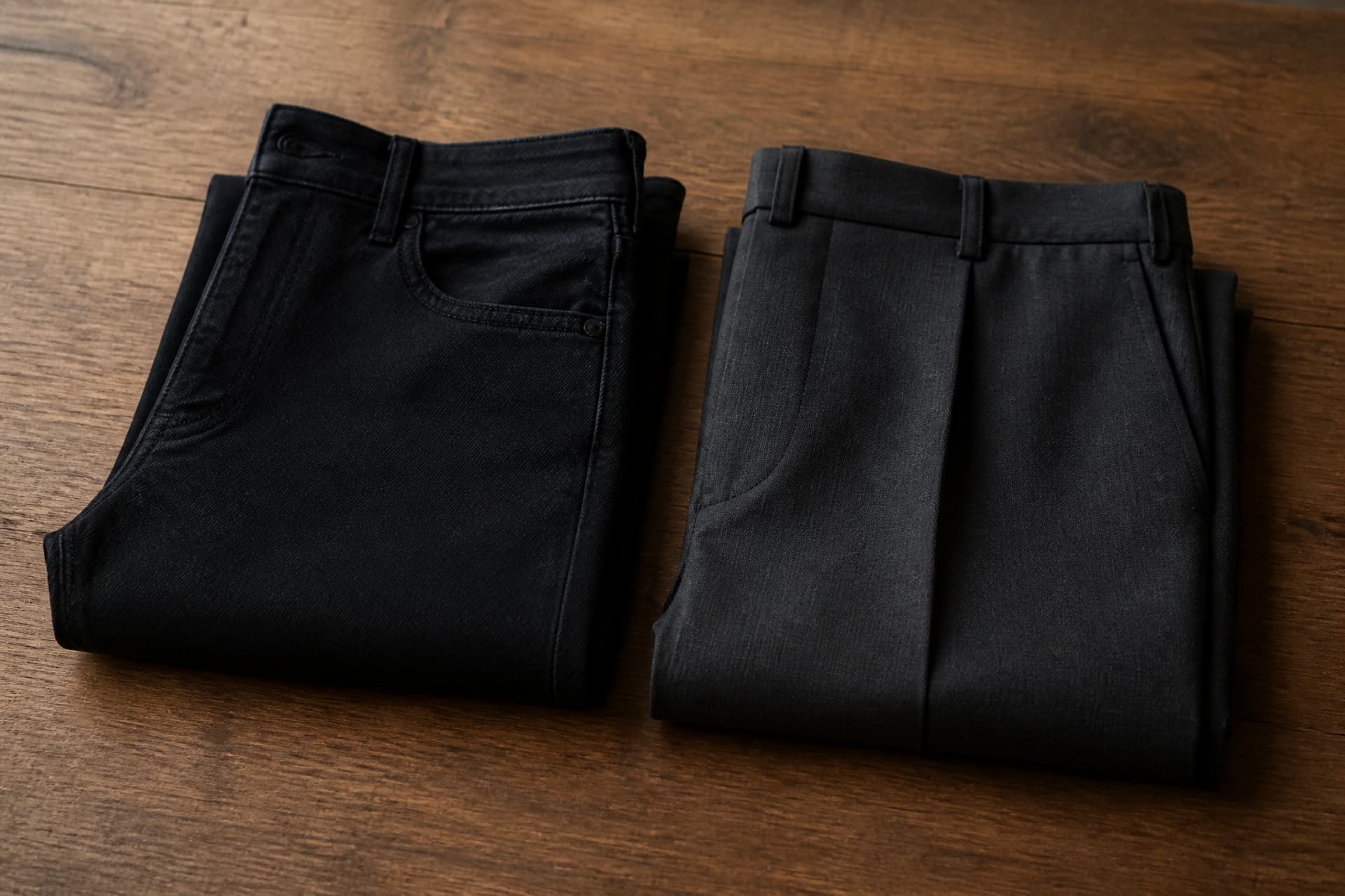 A pair of folded dark jeans laid beside a pair of smart charcoal trousers on a wooden surface