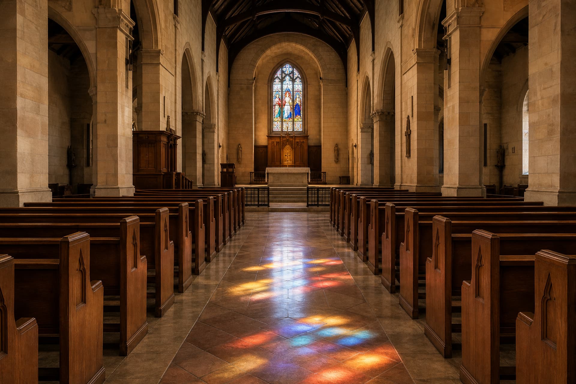 A quiet Catholic church interior with empty wooden pews and light falling from a stained glass window