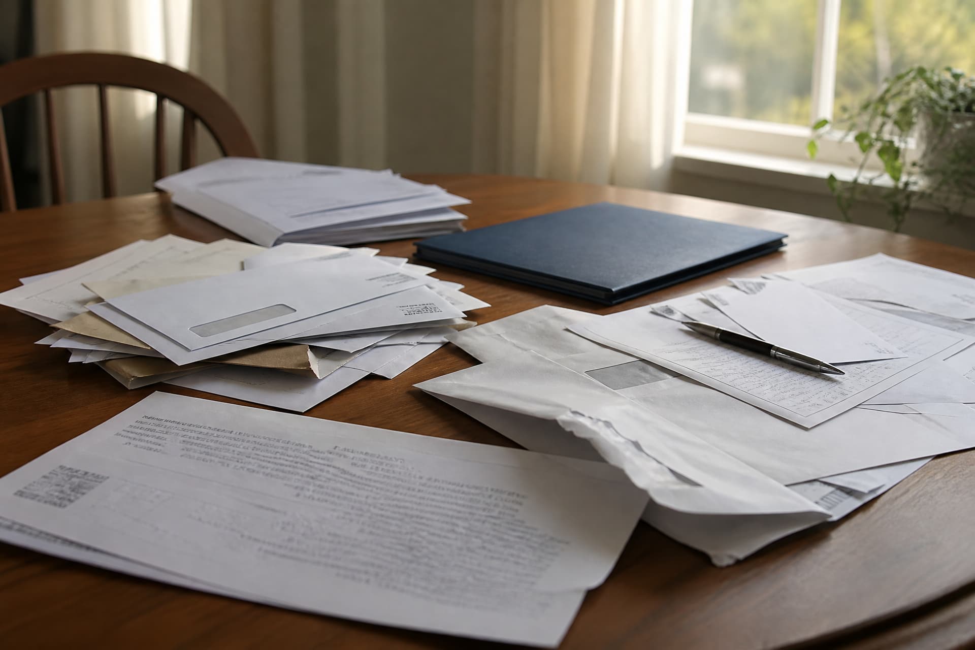 A dining table covered with opened envelopes and printed statements, a closed folder and a pen among them, in flat afternoon light