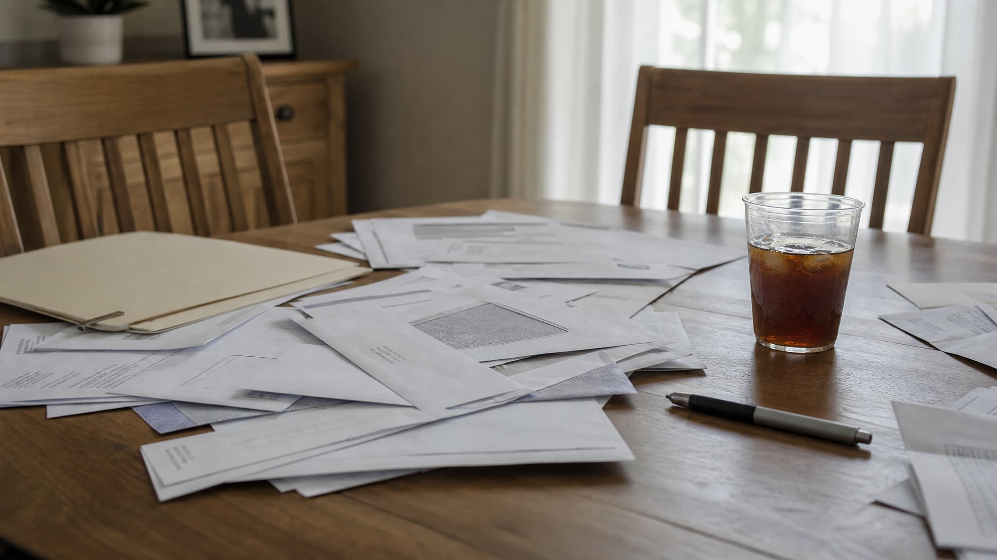 A dining table covered with opened envelopes, printed statements and a folder, a pen and a cold cup of tea among them, in flat daylight