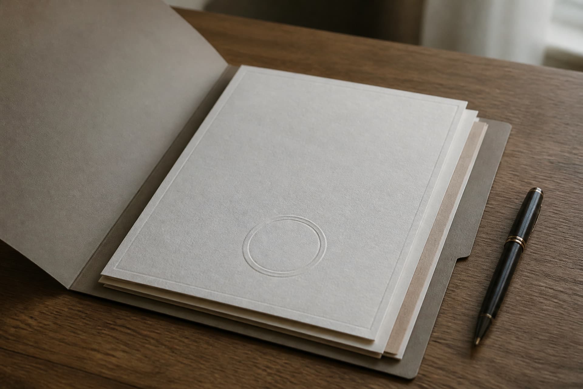 An open folder holding a small stack of official documents, the topmost carrying a blank embossed circular impression, beside a pen