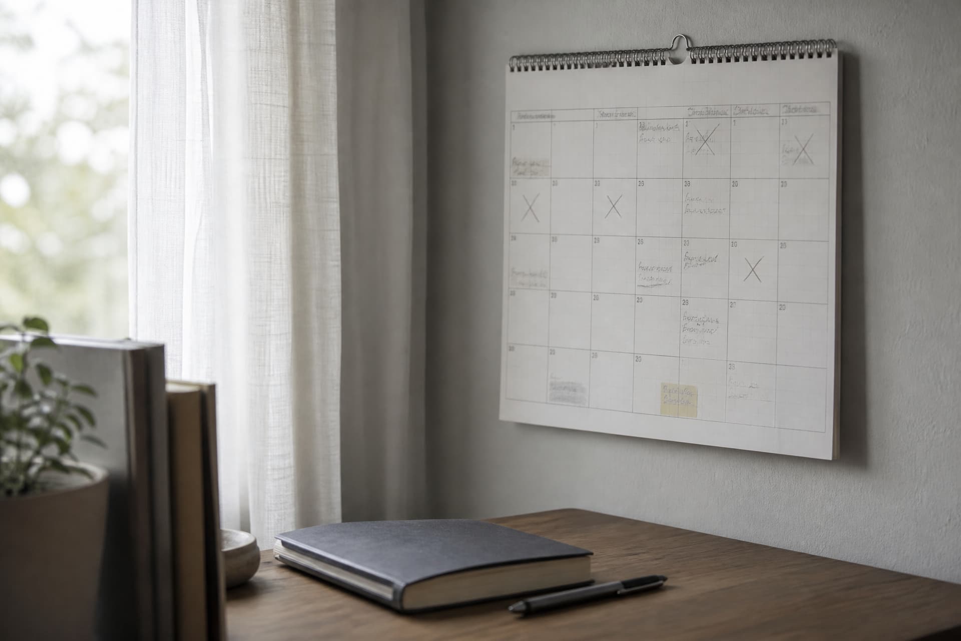 A wall calendar with several dates marked, hanging above a desk holding a closed notebook and a pen, in cool daylight
