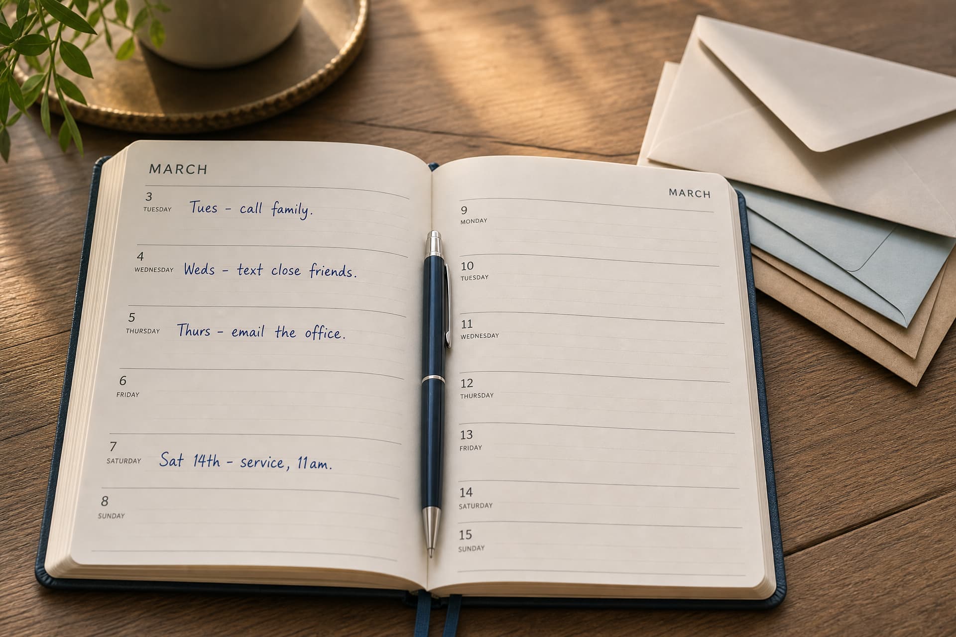 An open desk diary with handwritten entries for calling family, texting friends, emailing the office and the service on Saturday, a pen in the gutter and unsealed envelopes beside it