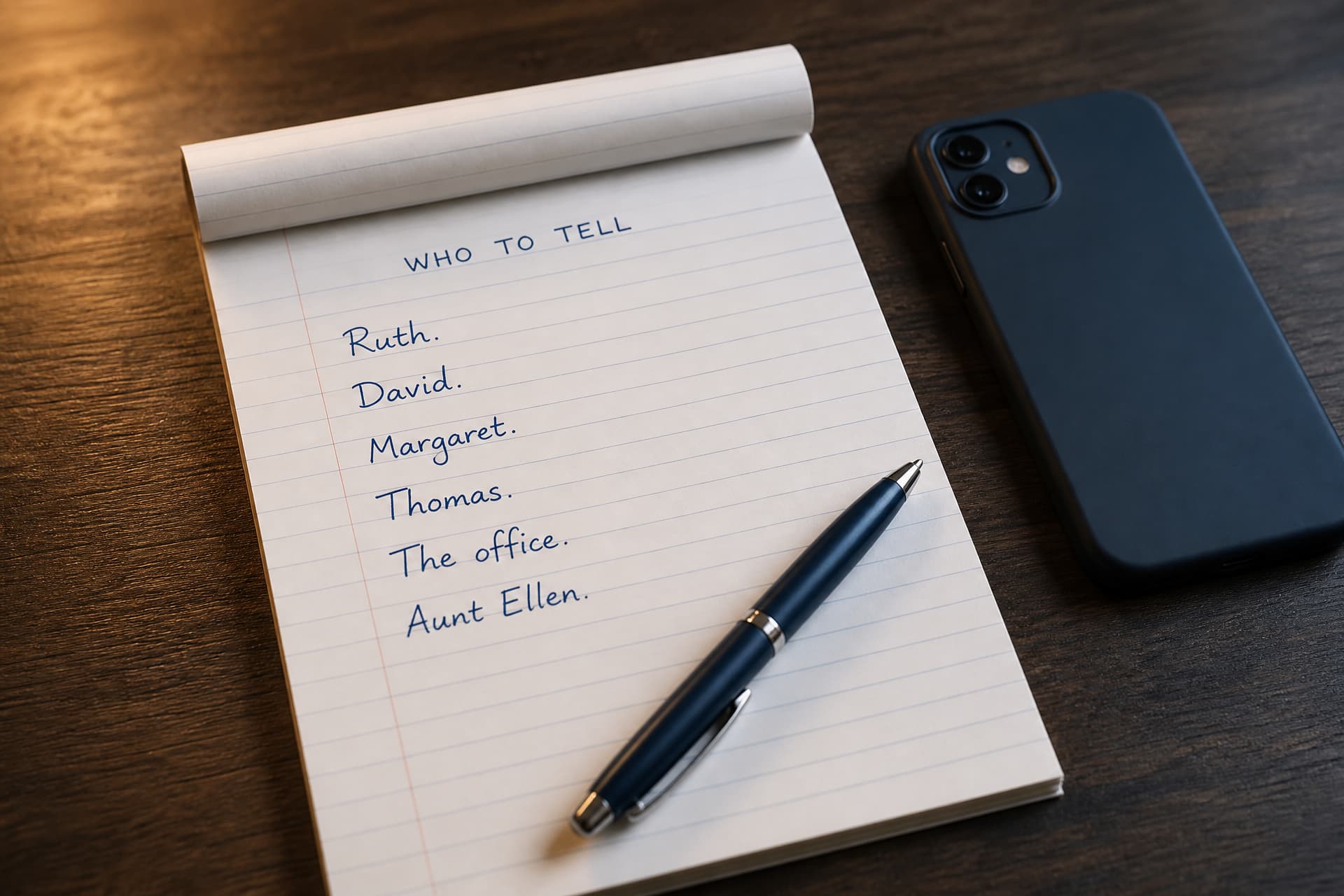 A phone on a kitchen table showing a text message telling a friend that Mom passed away, beside a notepad with a handwritten list of first names