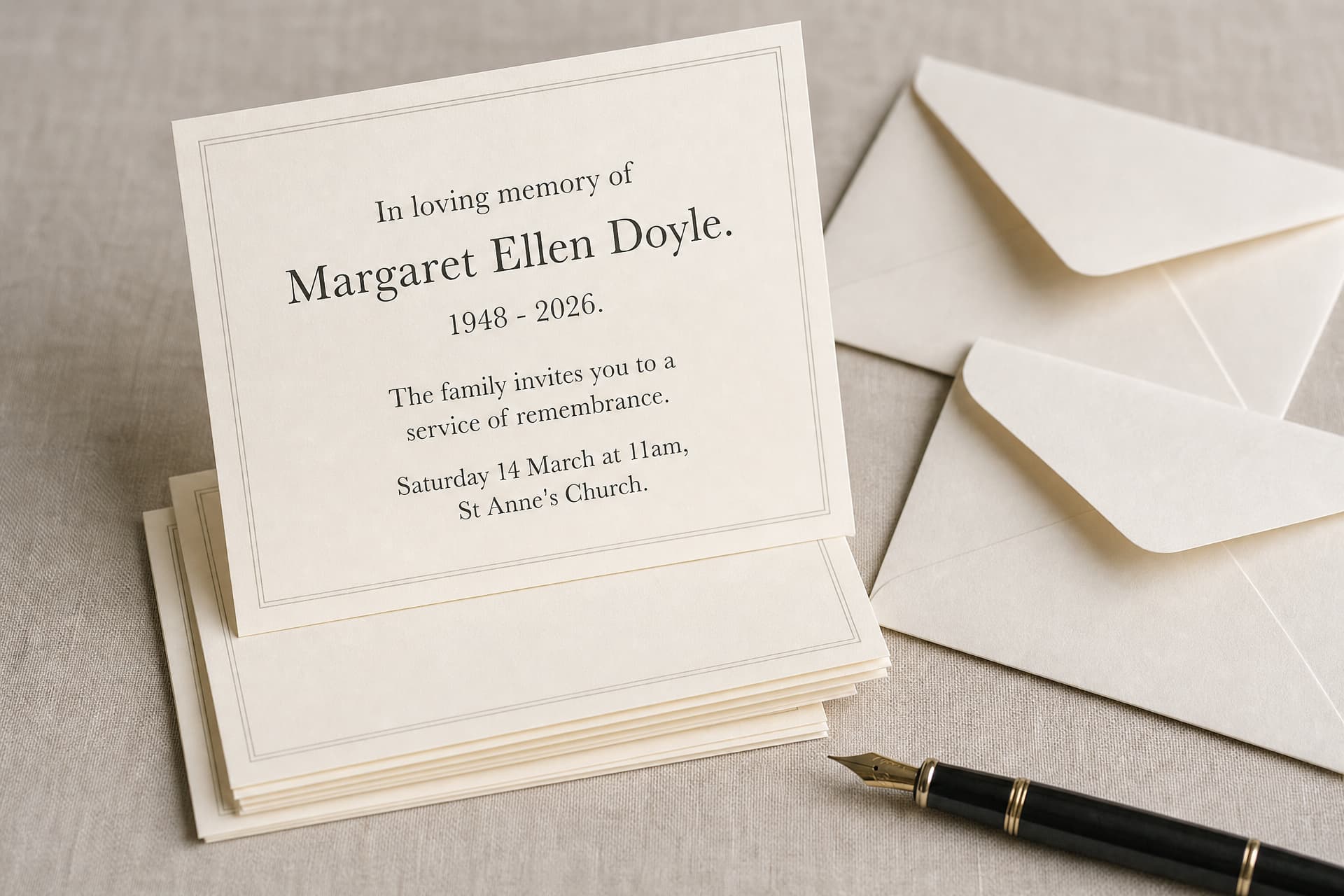 A small stack of cream folded announcement cards on a linen surface beside a fountain pen and several unsealed envelopes