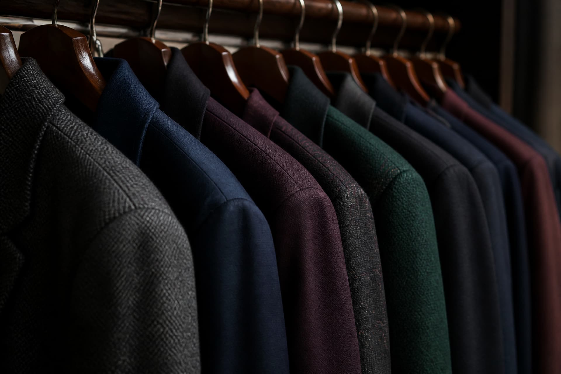 Dark formal clothing hanging on a rail in charcoal, navy, burgundy and deep green