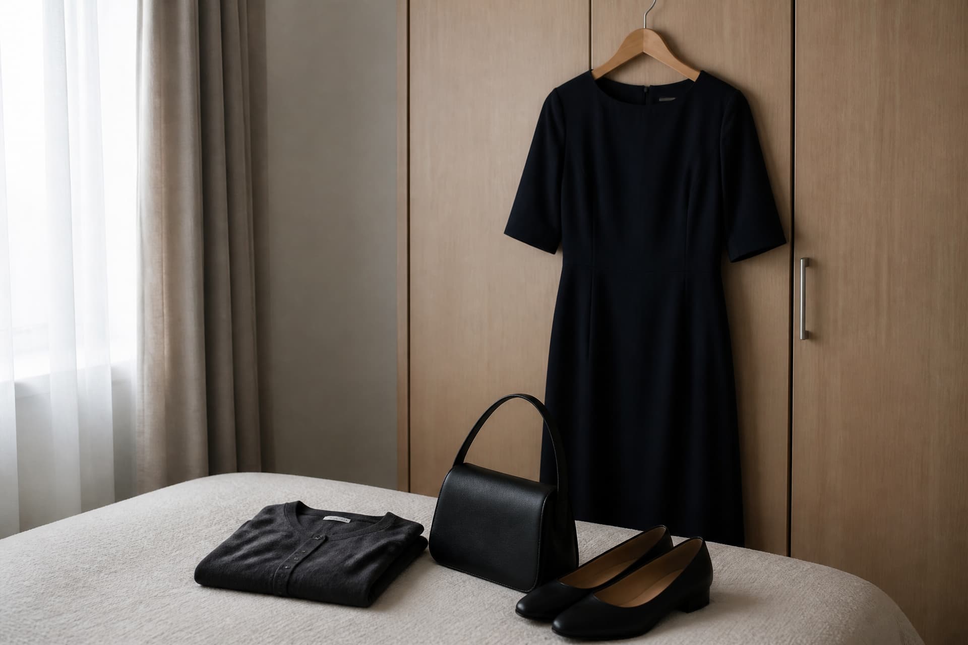 A dark navy dress on a hanger beside a folded charcoal cardigan, a small black handbag and low black shoes laid out on a bed