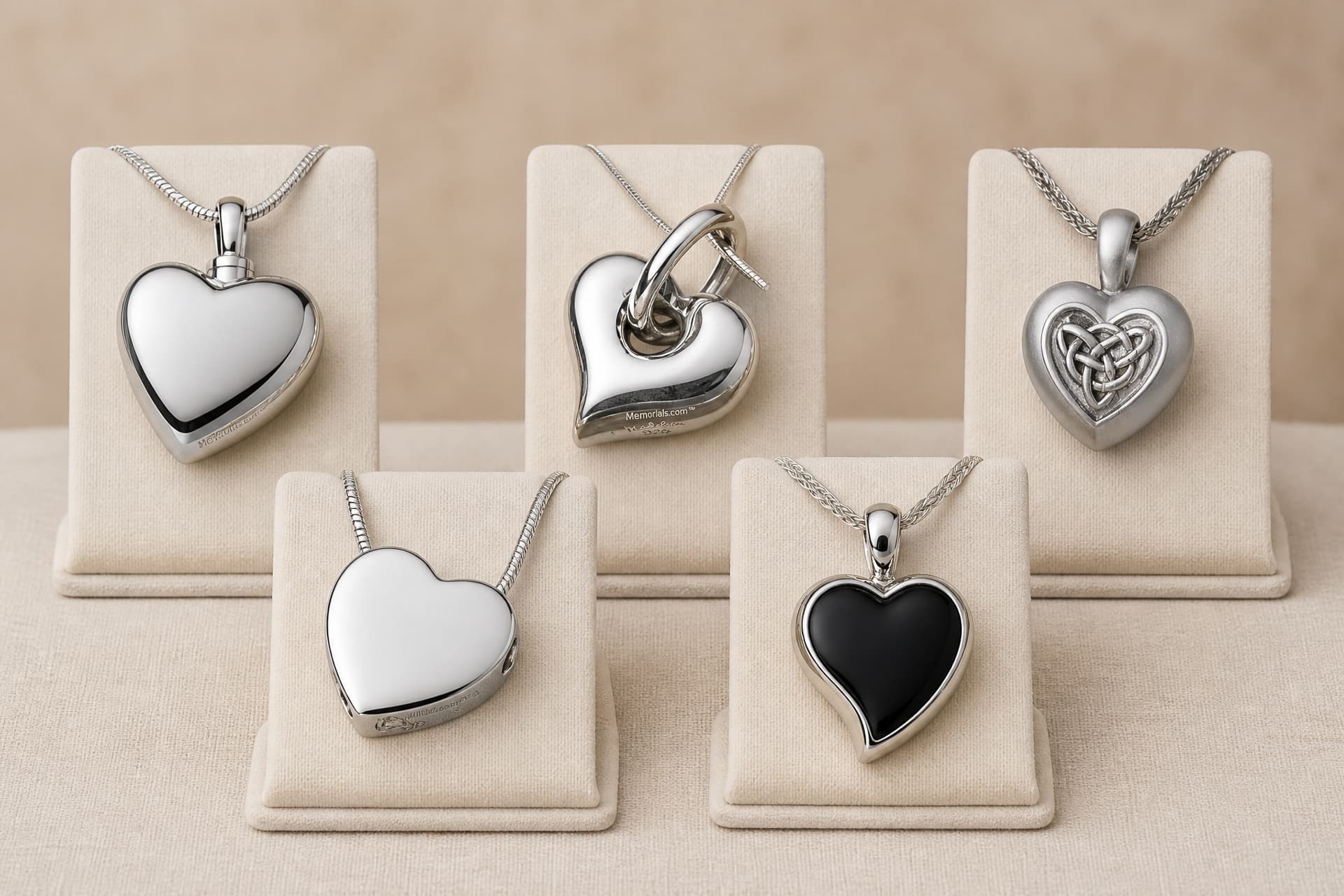 Five heart-shaped memorial pendants on individual display stands โ polished steel, a looped heart, a brushed heart with a Celtic knot, a plain polished heart and a black onyx heart in a silver bezel