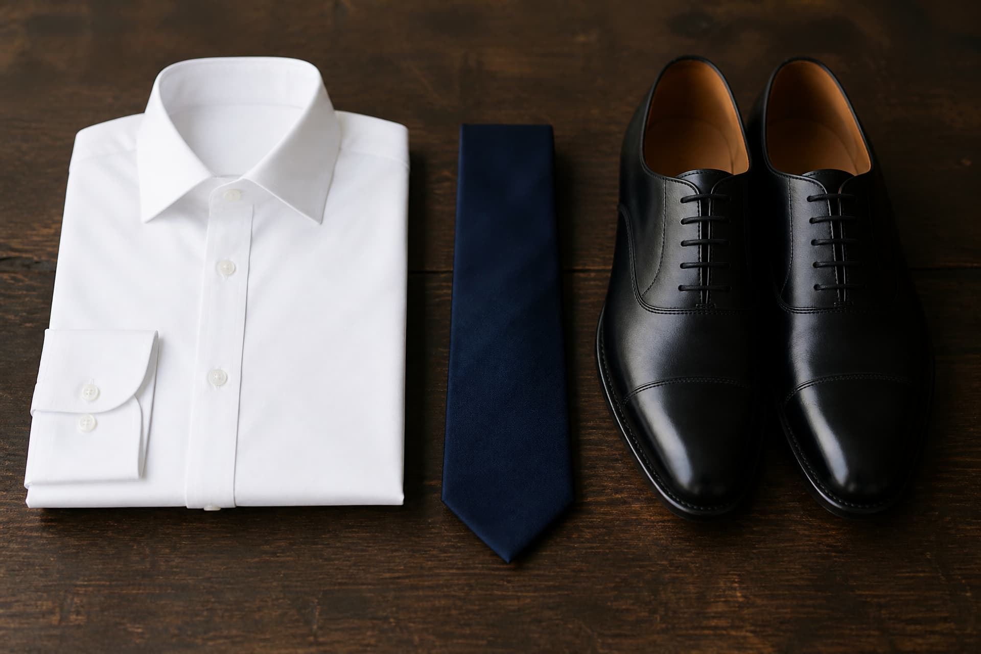 A folded white shirt, a plain dark tie and a pair of polished dark shoes arranged on a wooden surface