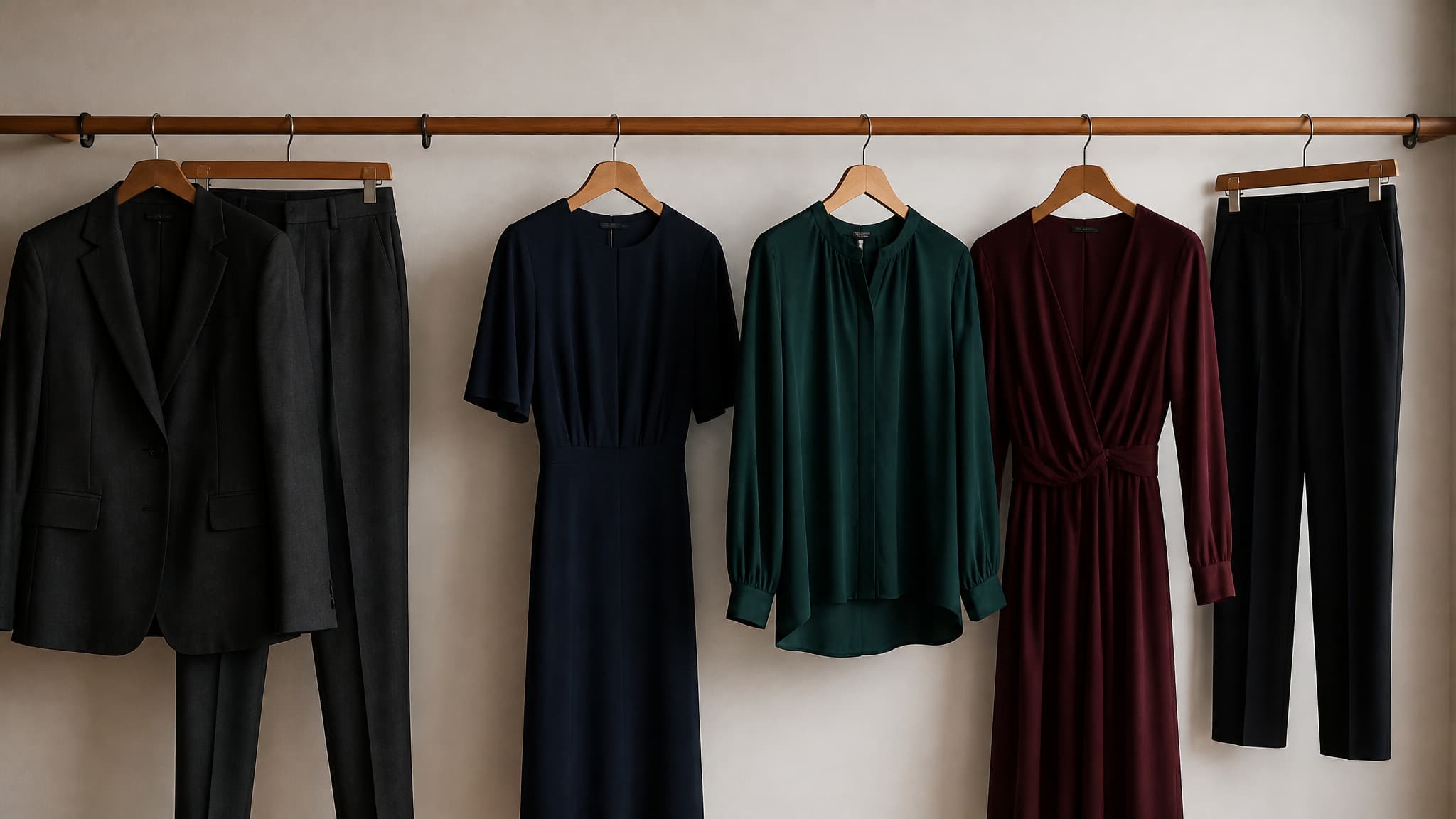 A row of dark formal garments in charcoal, navy and deep green hanging on a wooden rail