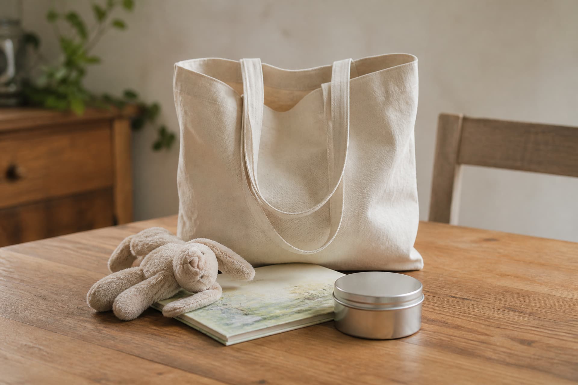 An open canvas tote bag on a table holding a soft toy, a small picture book and a tin of snacks