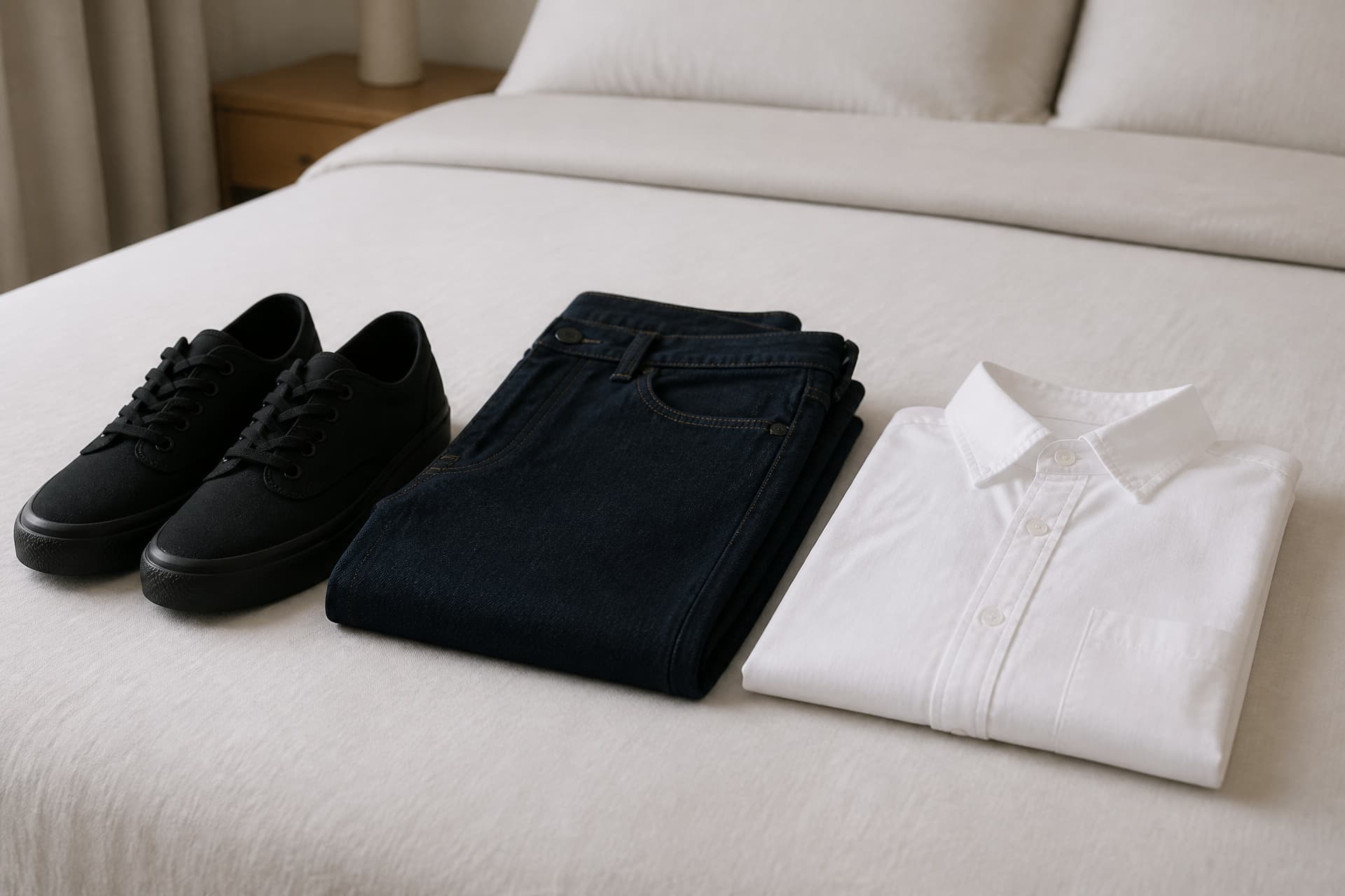 Plain black canvas trainers, neatly folded dark indigo jeans and a plain white collared shirt laid out on a bed