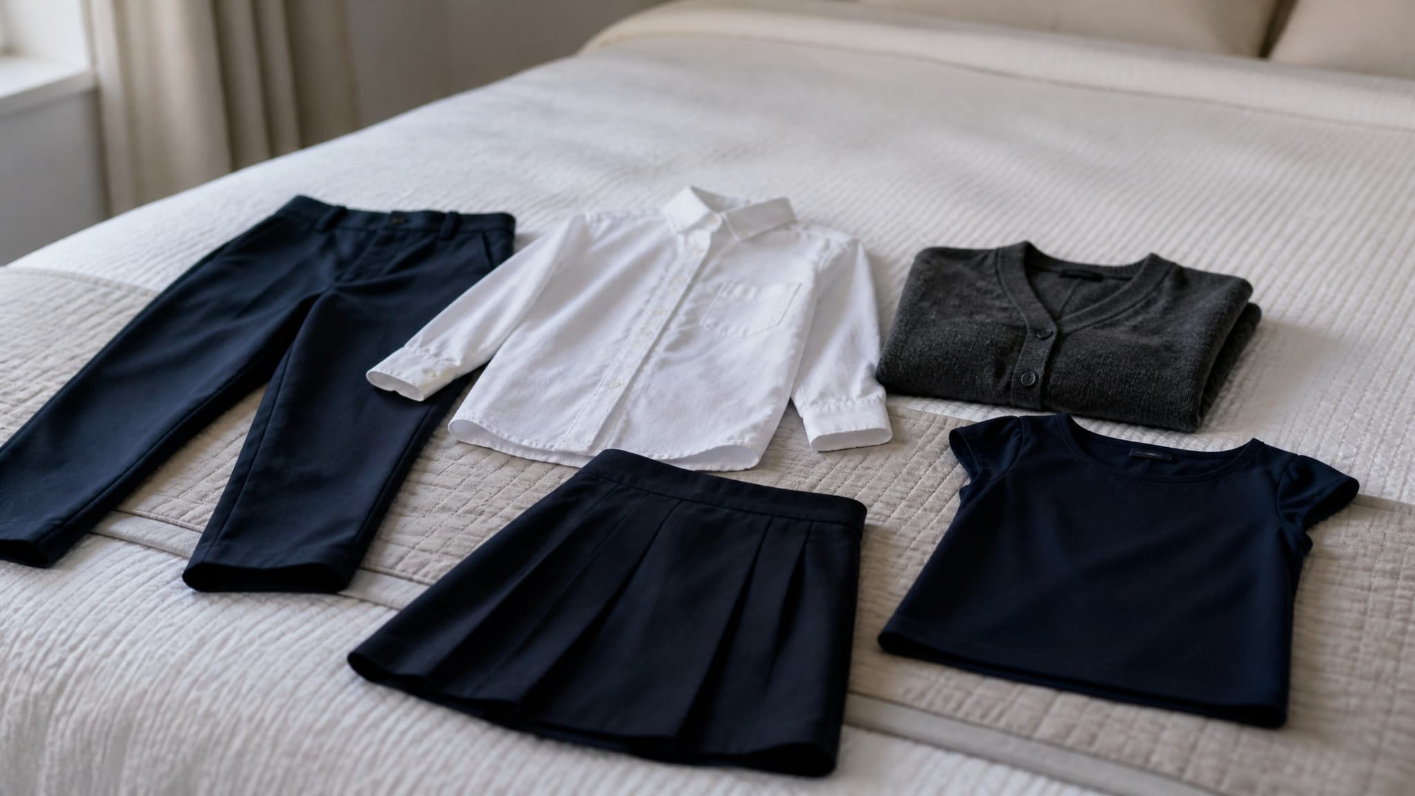 Small dark children's clothes laid out neatly on a bed in soft daylight