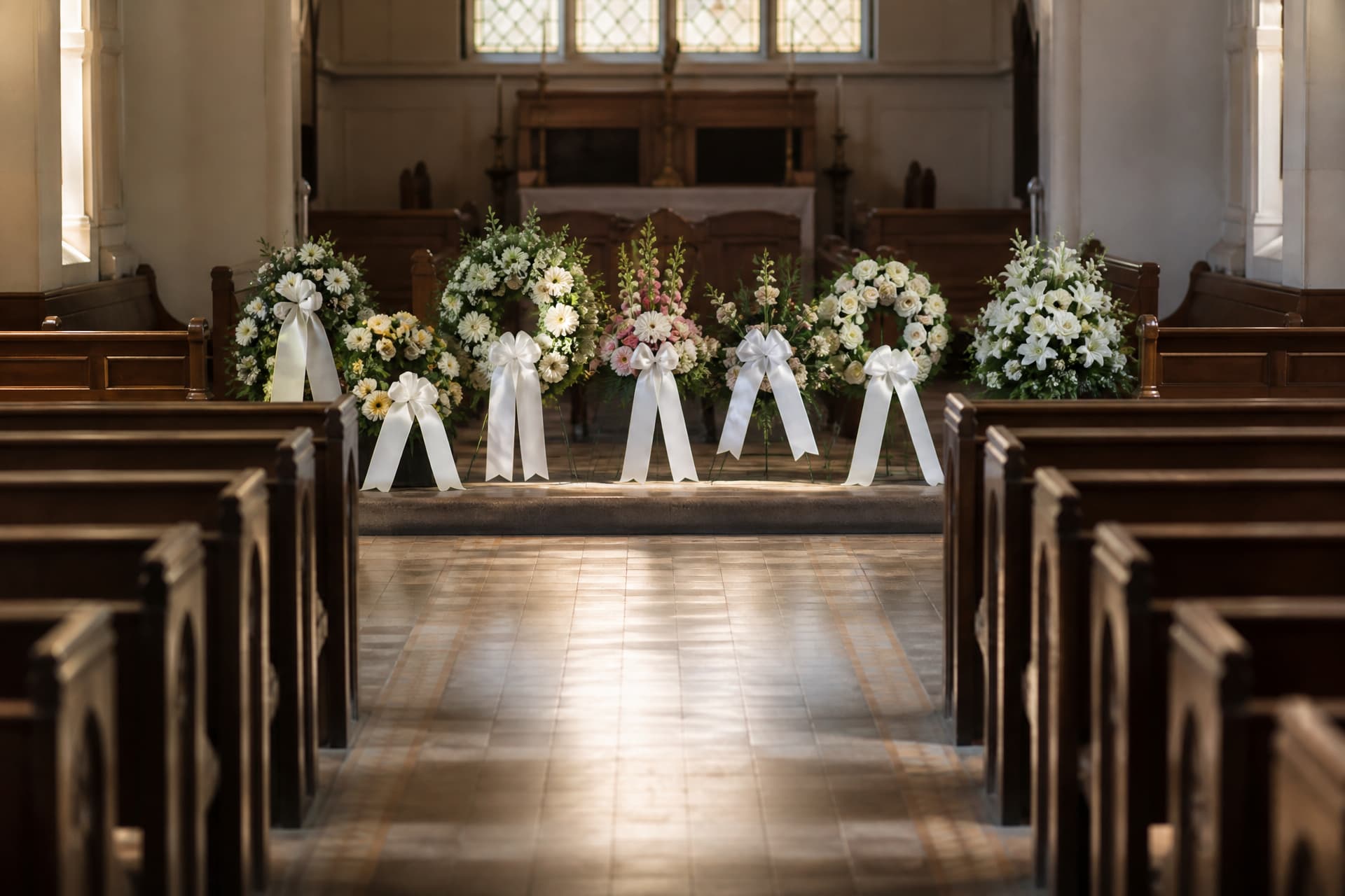 Several floral tributes arranged along the front of a chapel with an empty aisle in front of them in soft daylight
