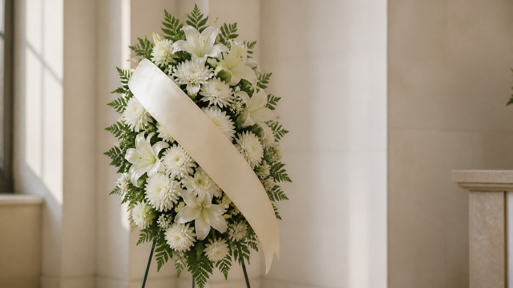 A white funeral spray with a wide satin ribbon across it standing beside a chapel wall in soft daylight