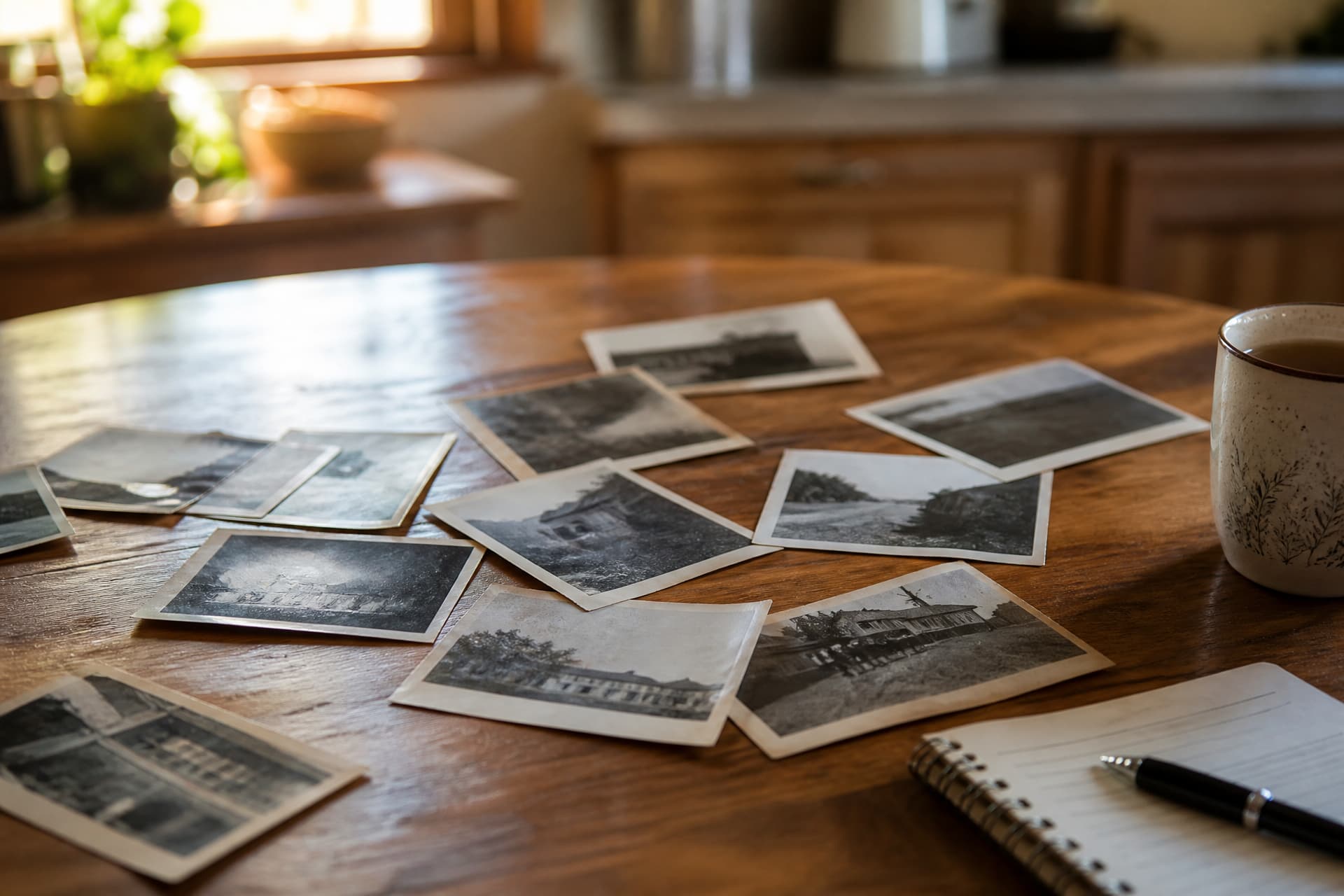 A dozen old family photographs spread loosely across a kitchen table beside a mug and a notepad