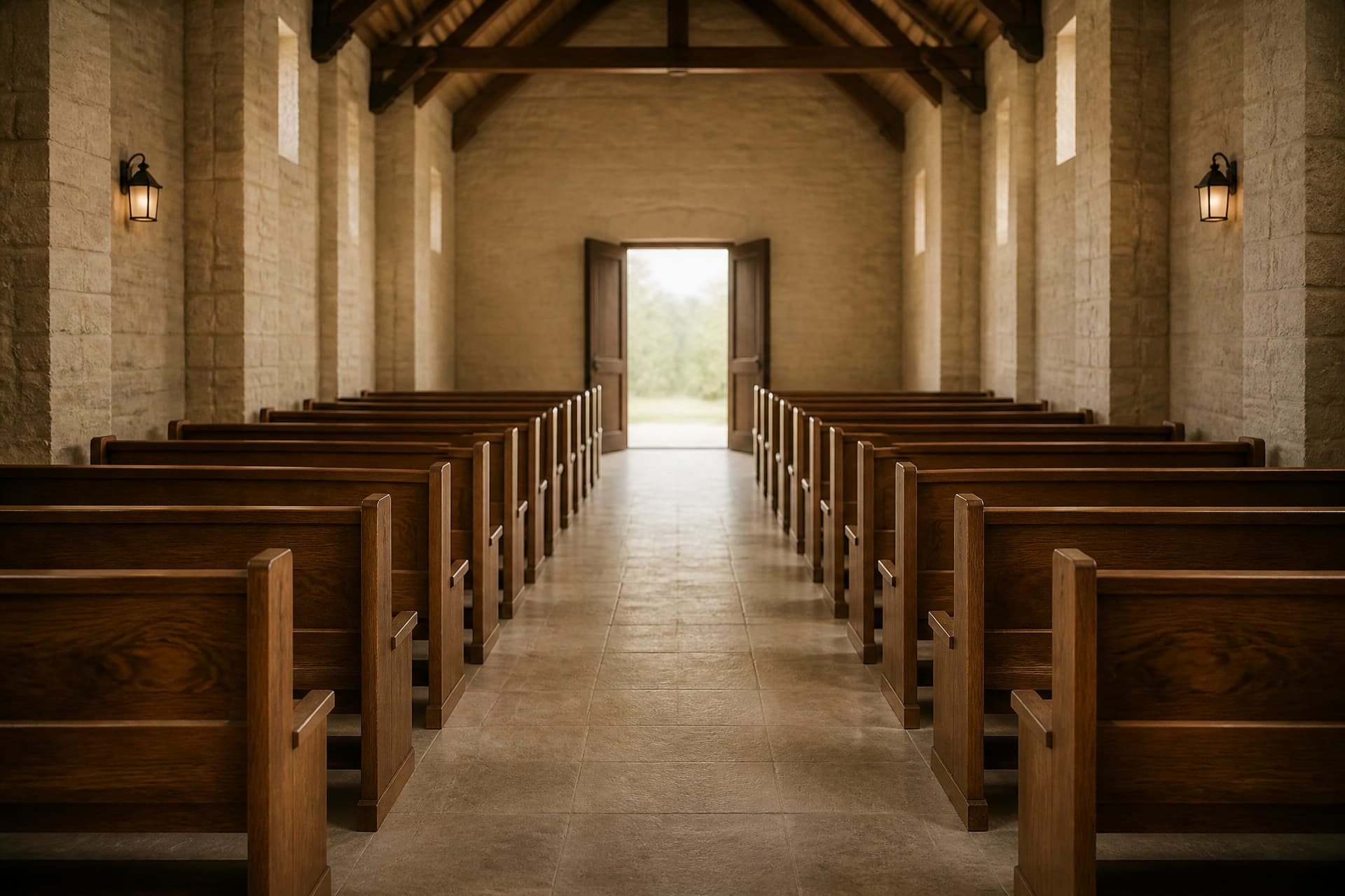 An empty chapel photographed from the front, looking back down the aisle at rows of vacant pews and a door open at the far end