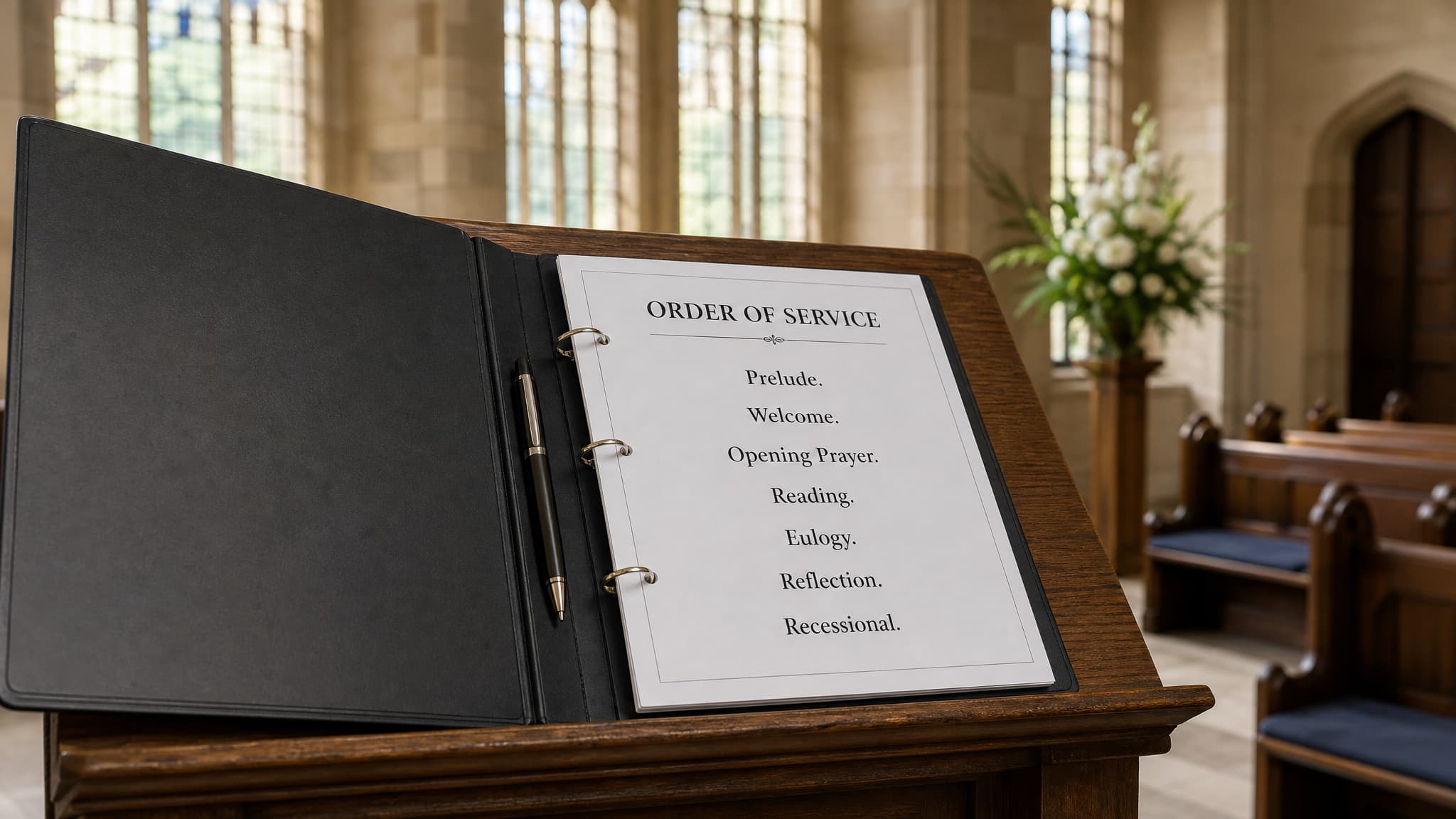 An open folder of printed notes resting on a lectern in an empty chapel, soft daylight behind