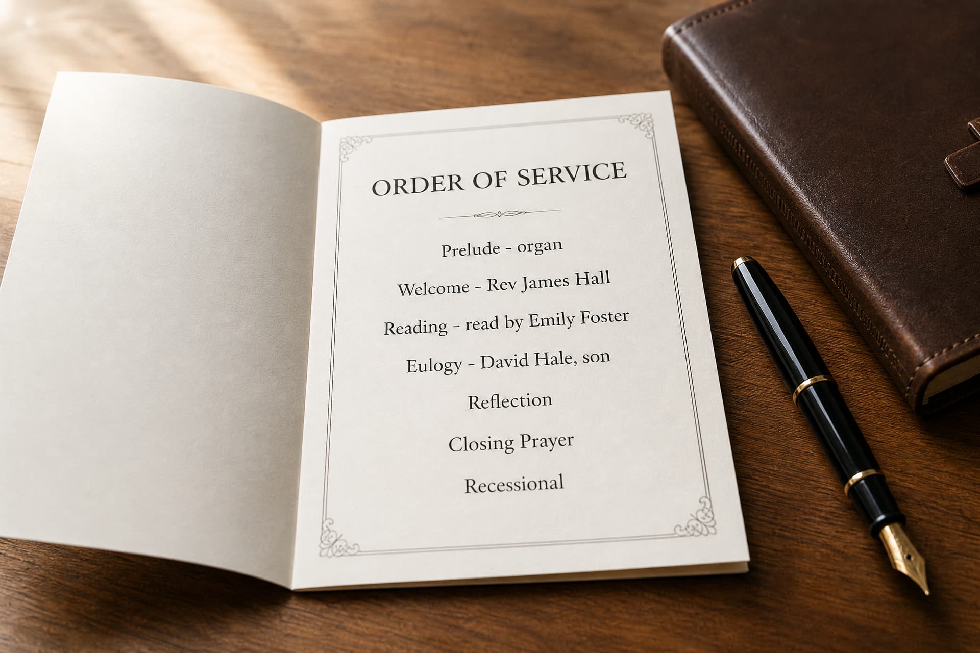 A printed order of service lying open on a table beside a diary and a pen, listing the prelude, welcome, reading, eulogy and recessional with each person named
