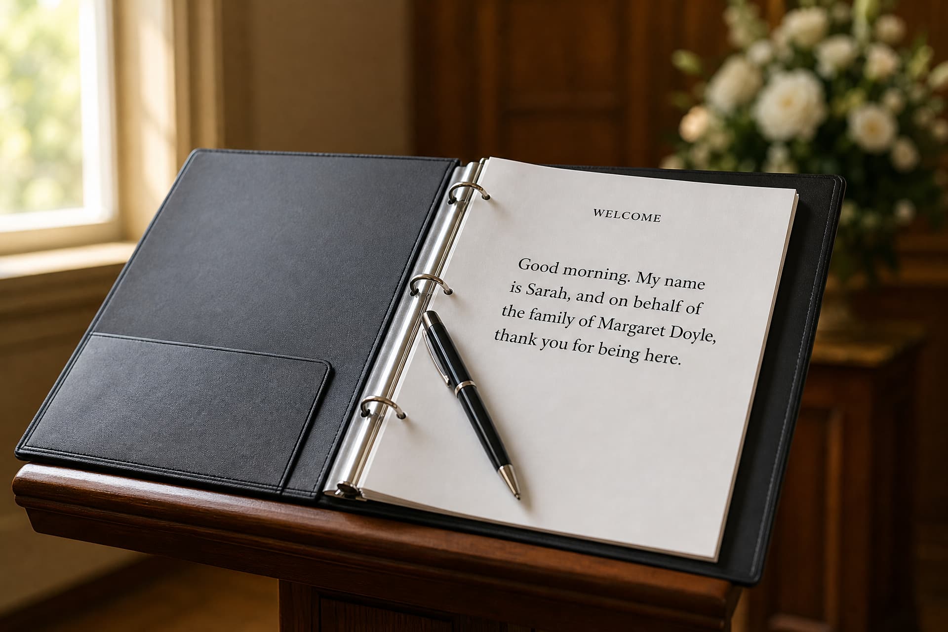 A ring binder open on a lectern in an empty chapel, its page headed "Order of Service" listing each part of the funeral, a pen resting in the fold