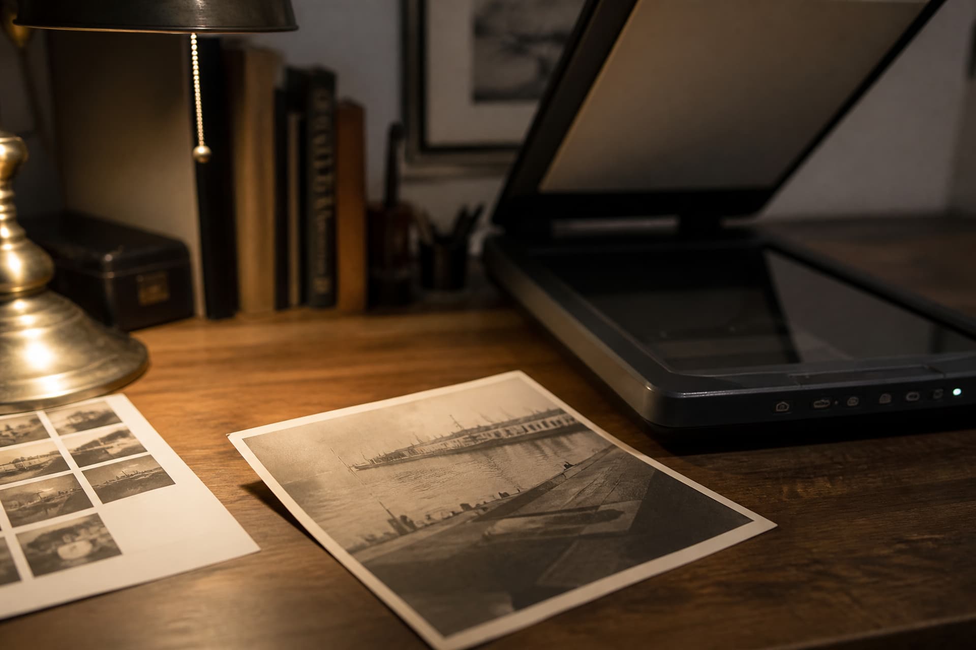 An old black and white portrait photograph lying on a desk beside a flatbed scanner and a printed proof sheet