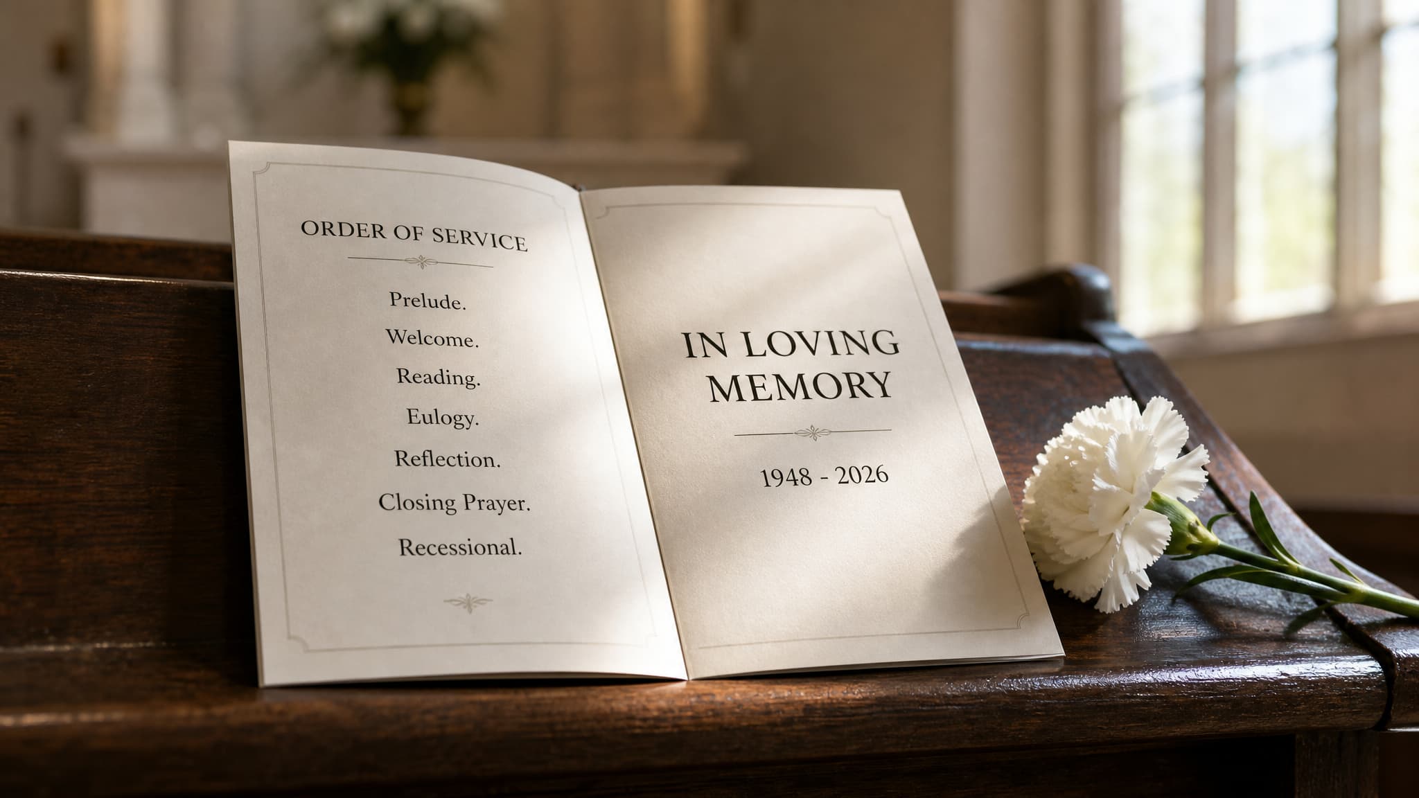 A printed funeral program lying open on a wooden pew beside a single white flower