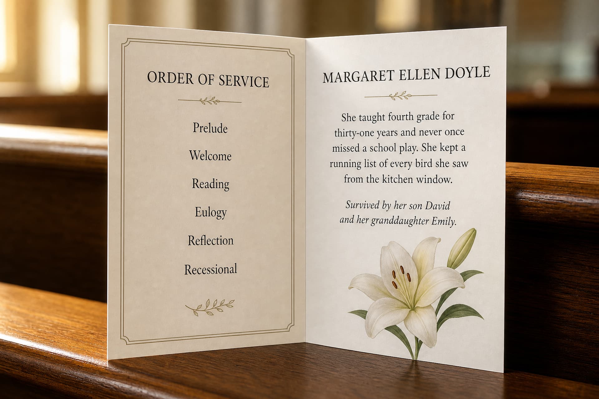 A printed funeral program open on a wooden pew, the left panel listing the order of service and the right carrying the name and a short life summary, a white flower beside it