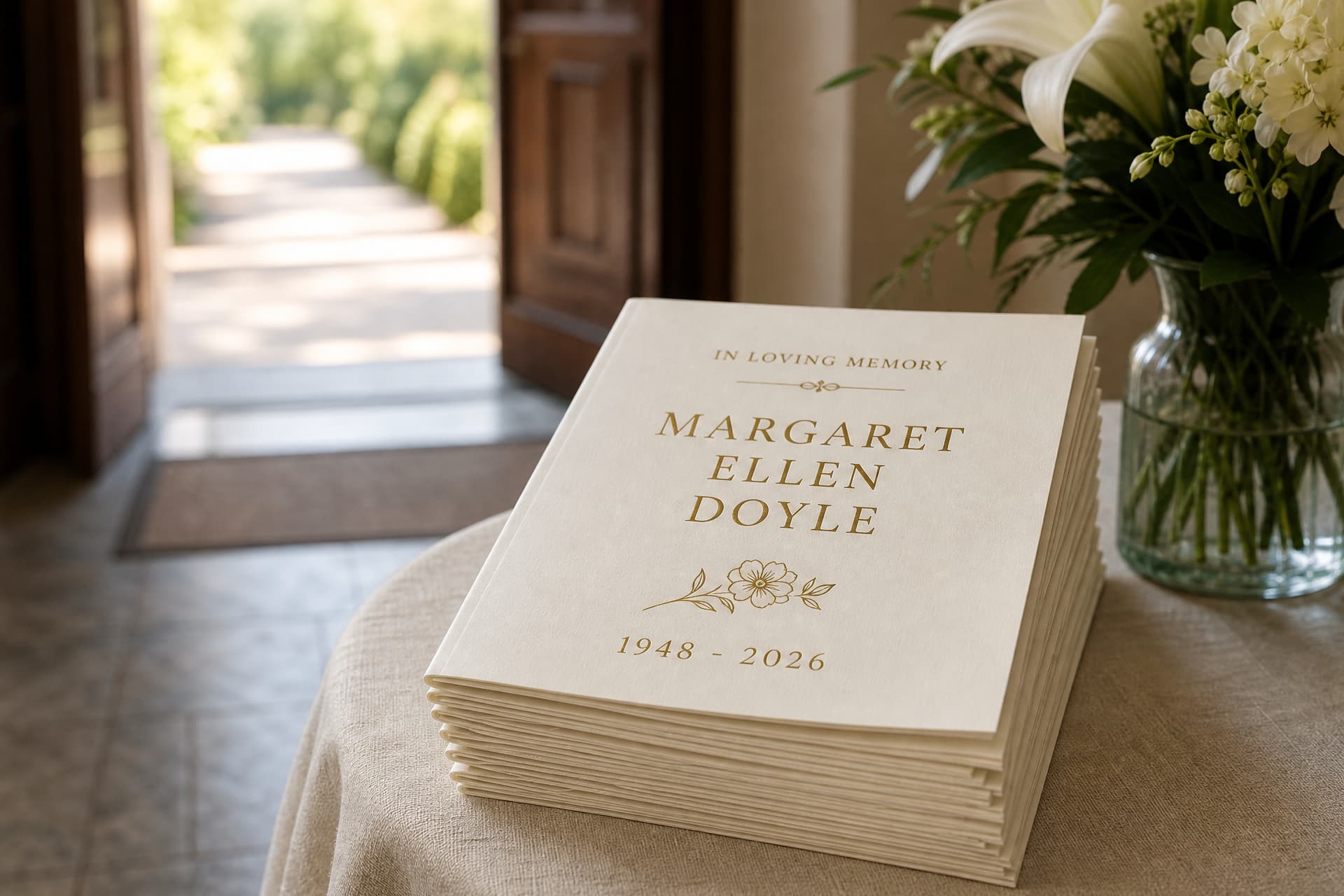 A stack of folded cream funeral programs on a linen-covered table at a chapel entrance, the top one printed "In Loving Memory" above a name and dates
