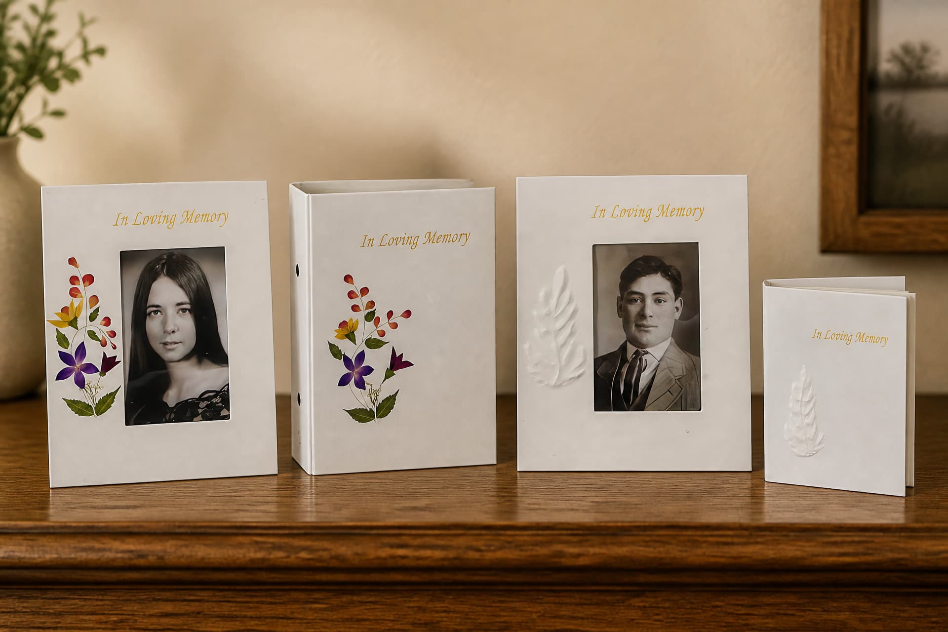 Two cream memorial picture frames holding portraits, a matching memorial photo album and a memorial guest book, standing side by side on a wooden shelf