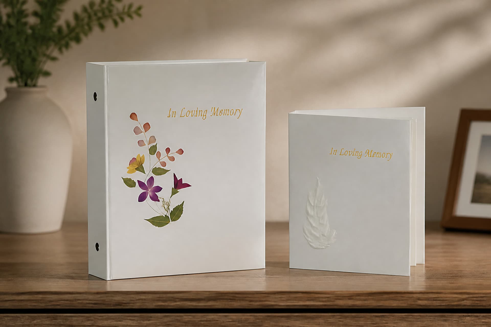 A cream memorial photo album with a pressed-flower design beside a matching memorial guest book with a leaf motif, standing on a wooden shelf