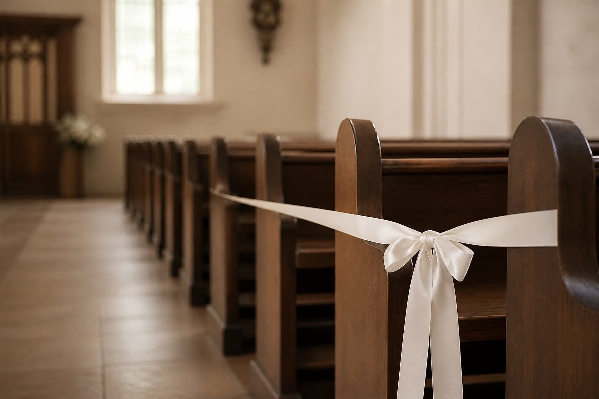 The front rows of an empty chapel with a white ribbon tied across the end of one pew to reserve it