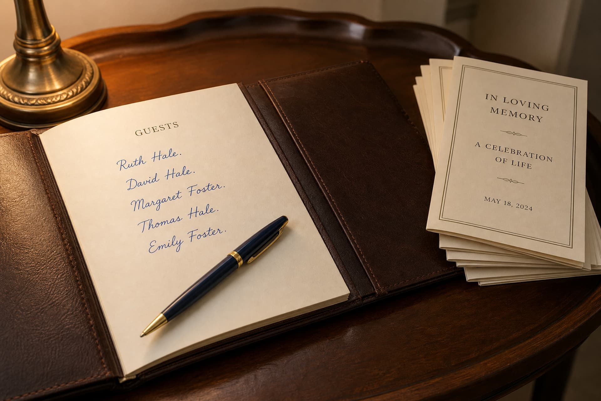 A funeral home foyer with a side table holding an open guest book filled with handwritten signatures, a doorway into the chapel beyond