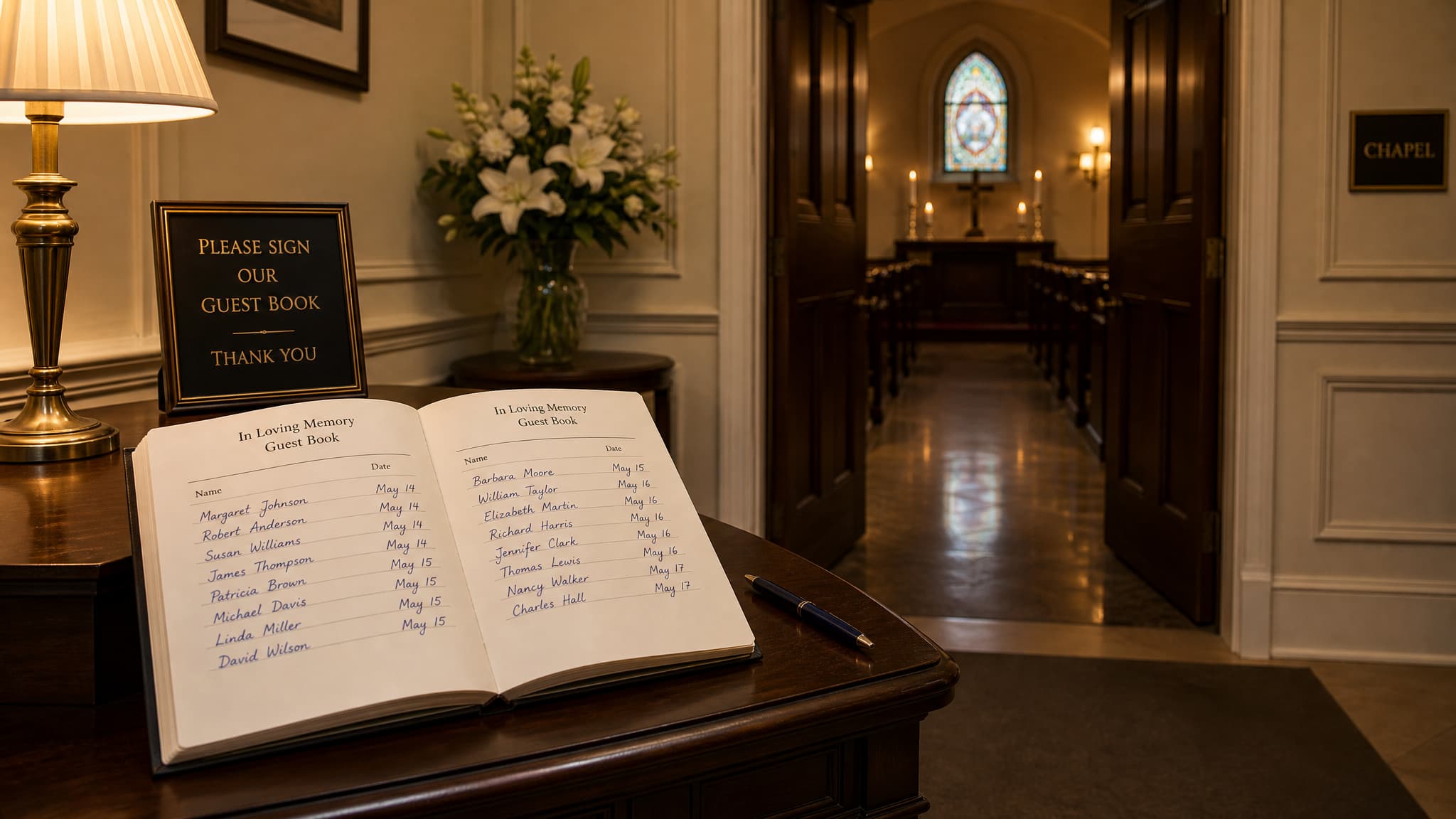 A quiet funeral home foyer with a guest book on a side table and a doorway leading into the chapel beyond