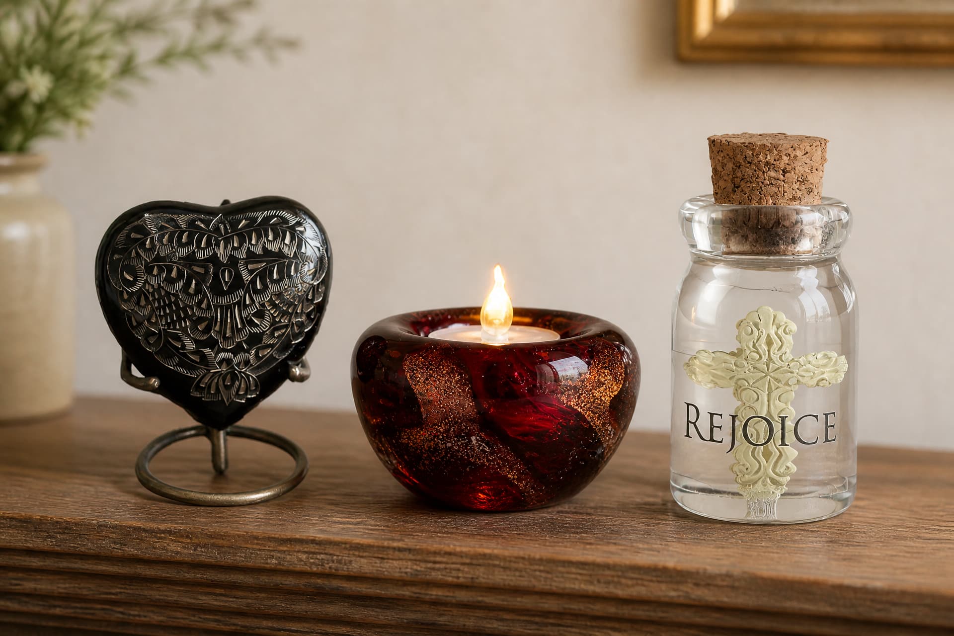 An engraved black heart keepsake on a stand, a deep red glass tealight holder with a lit candle, and a small corked glass bottle bearing a cream cross and the word Rejoice