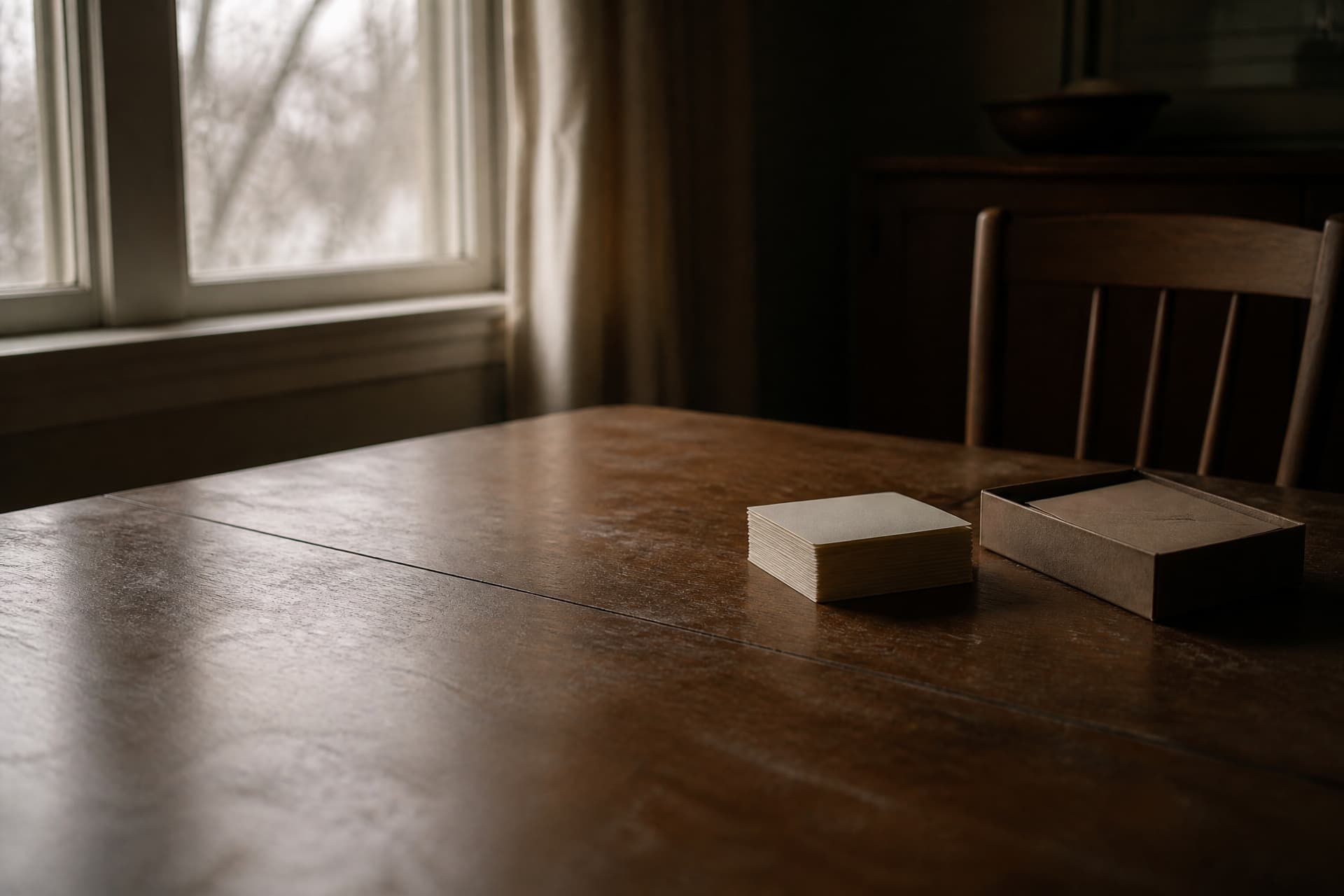 A neat untouched stack of blank cream cards and an open box of envelopes pushed to one end of an empty dining table in low winter light