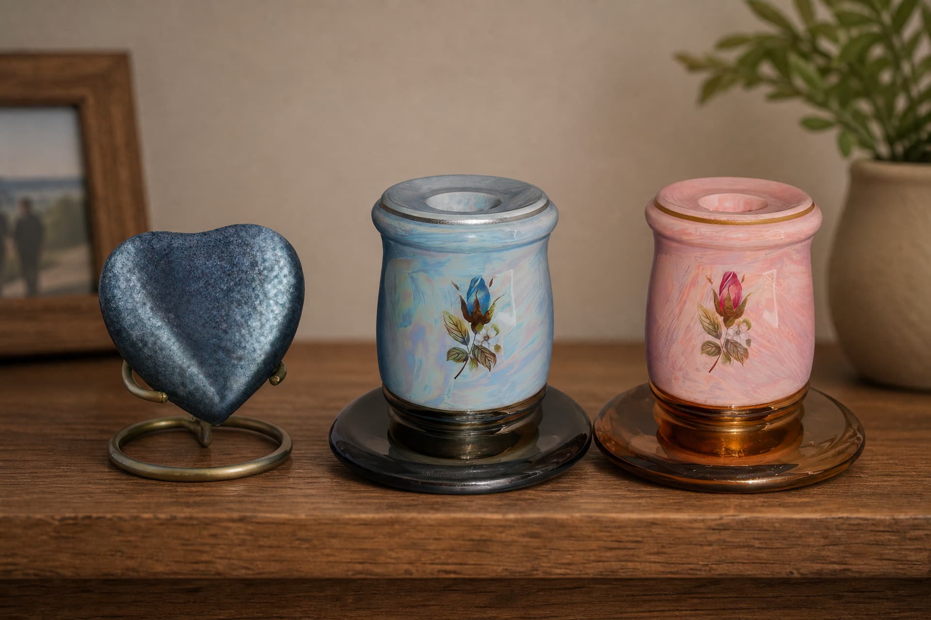 A pewter heart keepsake on a small ring stand beside two pearl-glazed candle holders on metal saucers, one blue and one pink, each painted with a rose