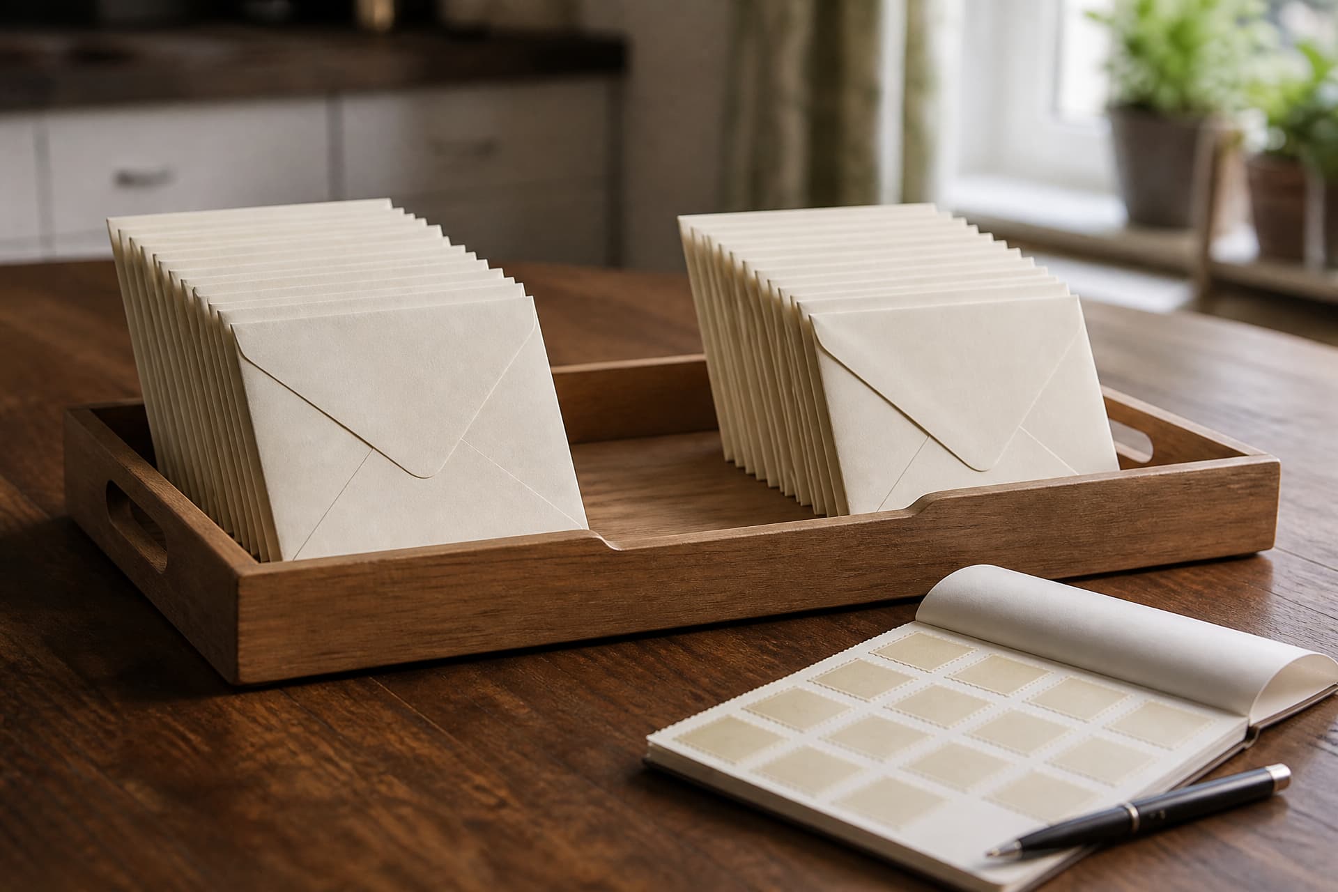 A row of sealed cream envelopes standing in a shallow wooden tray beside a book of stamps and a pen on a kitchen table