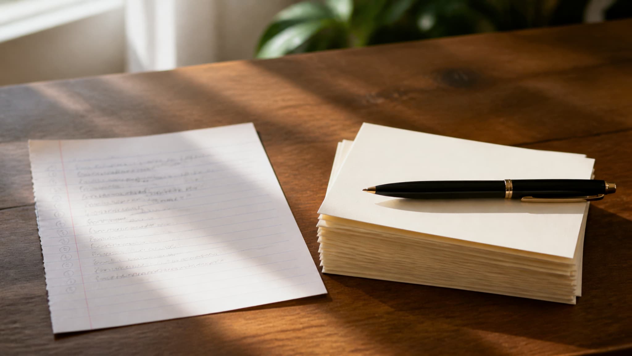 A short handwritten list beside a stack of blank cream cards and a pen on a wooden table in morning light