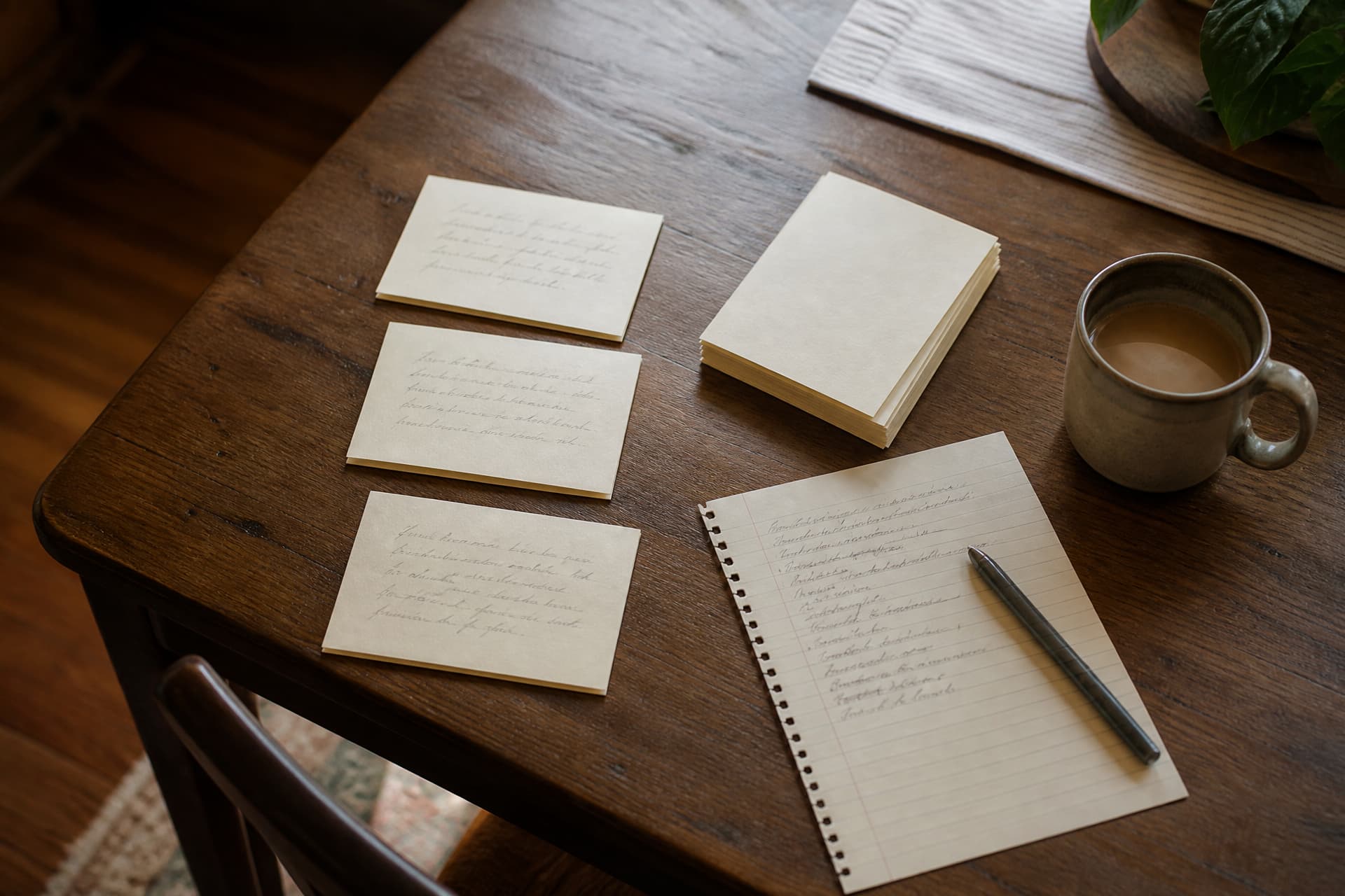 Three written cream cards laid out on a wooden table beside a taller stack of blank ones, a mug of coffee, a pen and a handwritten list, seen from above