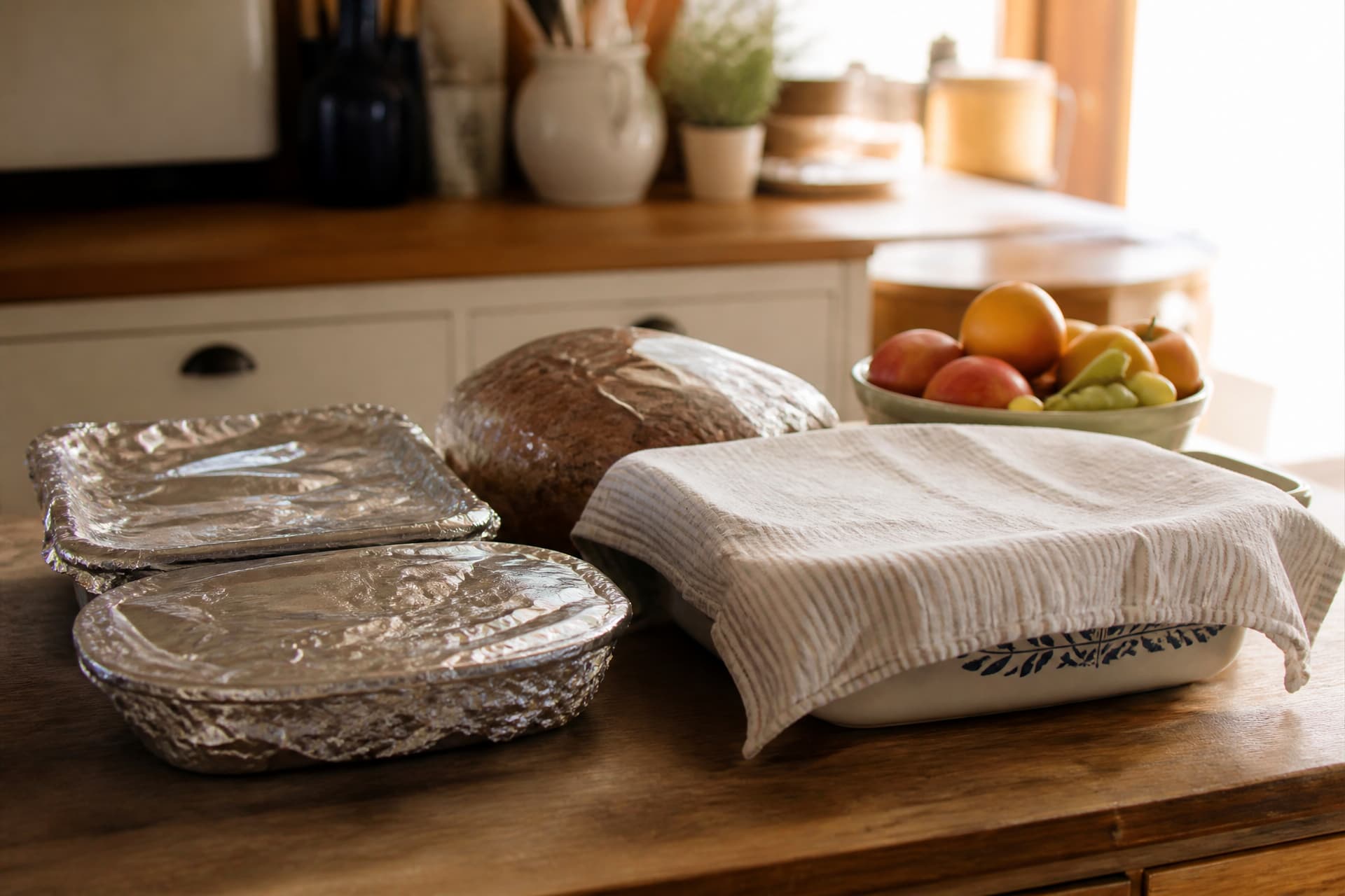 A crowded kitchen counter with two foil-covered casserole dishes, a covered baking dish under a tea towel, a wrapped loaf and a bowl of fruit