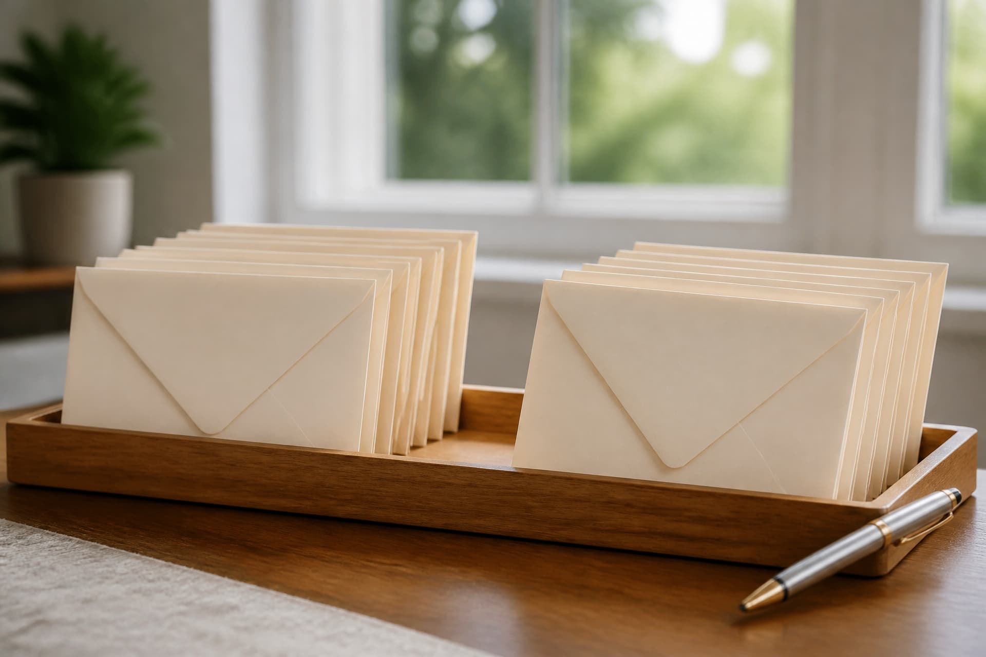 A row of addressed cream envelopes stacked upright in a shallow wooden tray beside a pen on a kitchen table