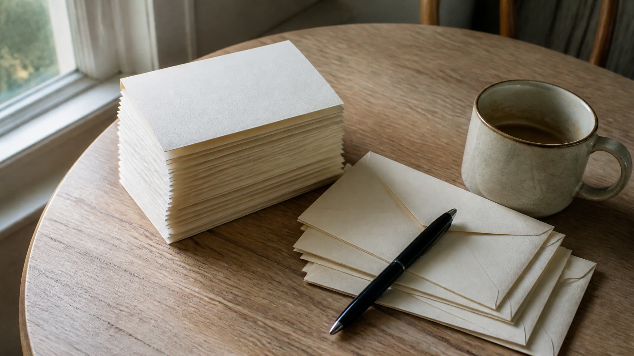 A stack of blank cream note cards, a pen and a short list on a wooden table beside a half-drunk cup of coffee in morning light