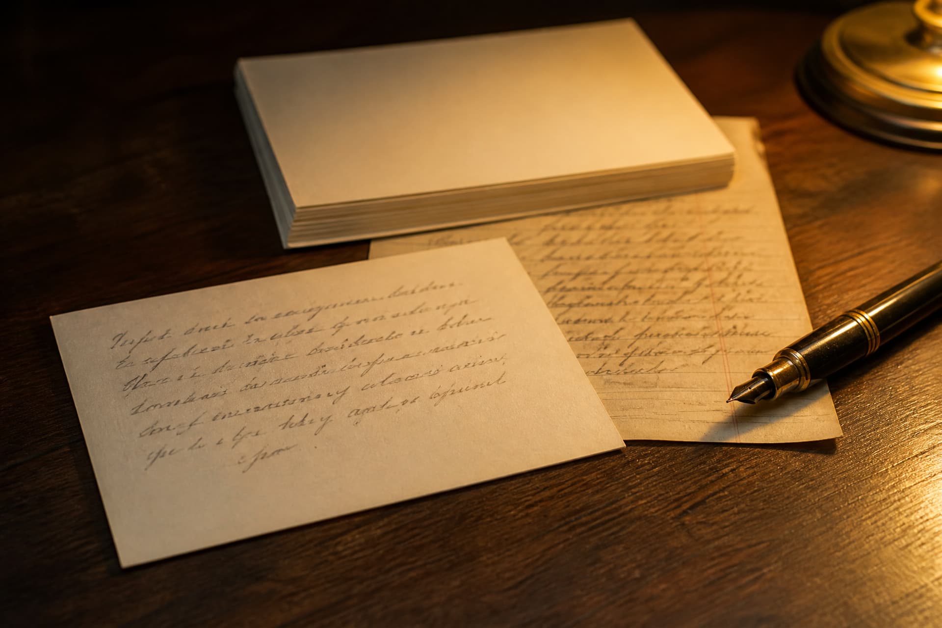 A stack of unwritten cream note cards beside a written one, a fountain pen and a handwritten list on a wooden table in soft morning light