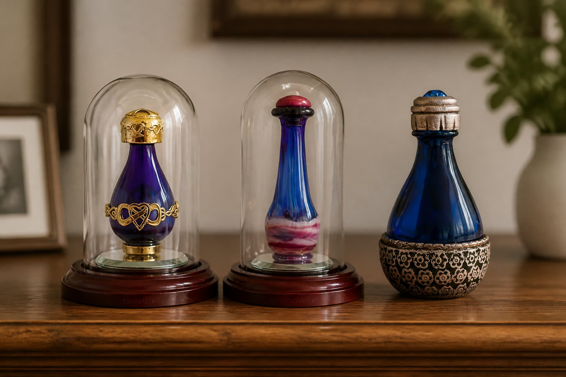 Three glass tear bottles on a wooden surface, two standing under clear glass domes on turned wooden bases and one in an ornate metal cradle