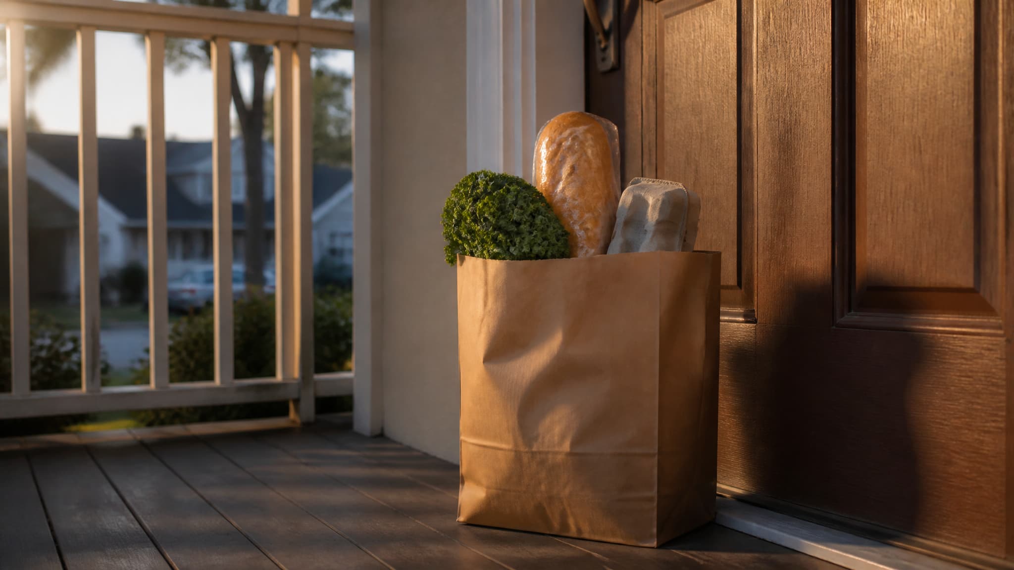 A brown paper grocery bag standing on a wooden porch beside a closed front door in low golden light, bread and greens showing above the rim