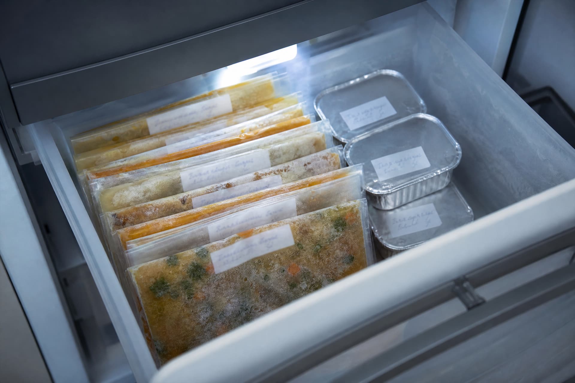 An open freezer drawer holding flat sealed bags of soup and stew stacked upright like files, with two small foil containers beside them, each carrying a handwritten label too small to read