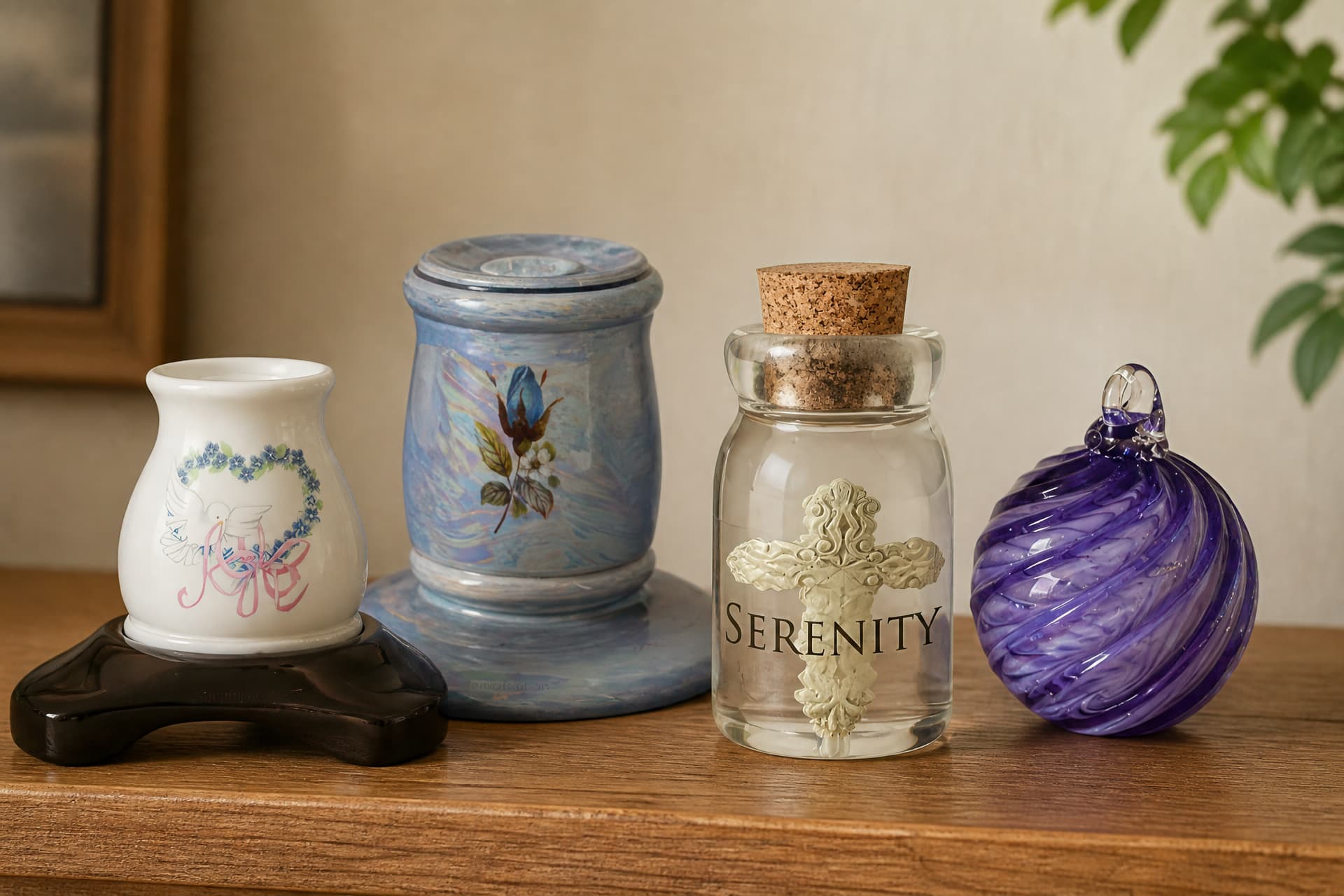 A white candle holder with a dove and heart motif on a dark glass base, a blue floral candle holder, a corked glass jar marked Serenity, and a swirled purple glass ornament, on a wooden shelf