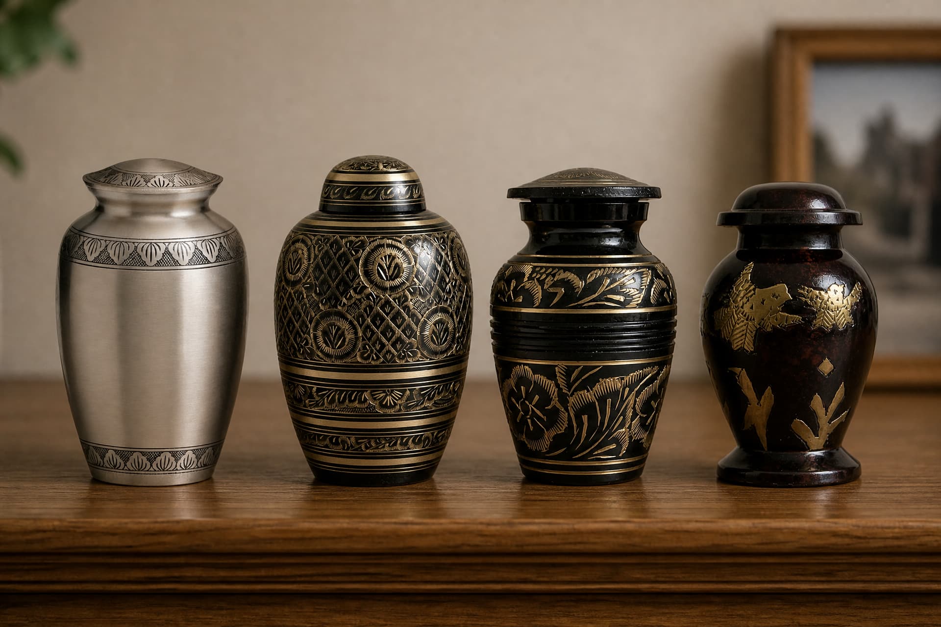 Four small keepsake cremation urns in brushed pewter and enamelled brass with gold detailing, arranged together on a wooden shelf